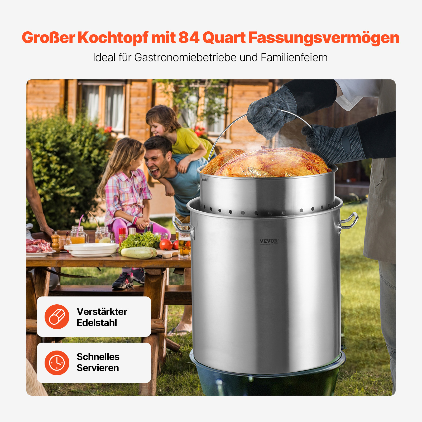 VEVOR Suppentopf Edelstahl, 79,5 L Kochtöpfe Großraumtopf, Kochgeschirr-Saucentopf mit Korb & Deckel & Griff, Suppentopf in Handelsqualität, Schleifbehandlung, zum Dämpfen Kochen oder Braten