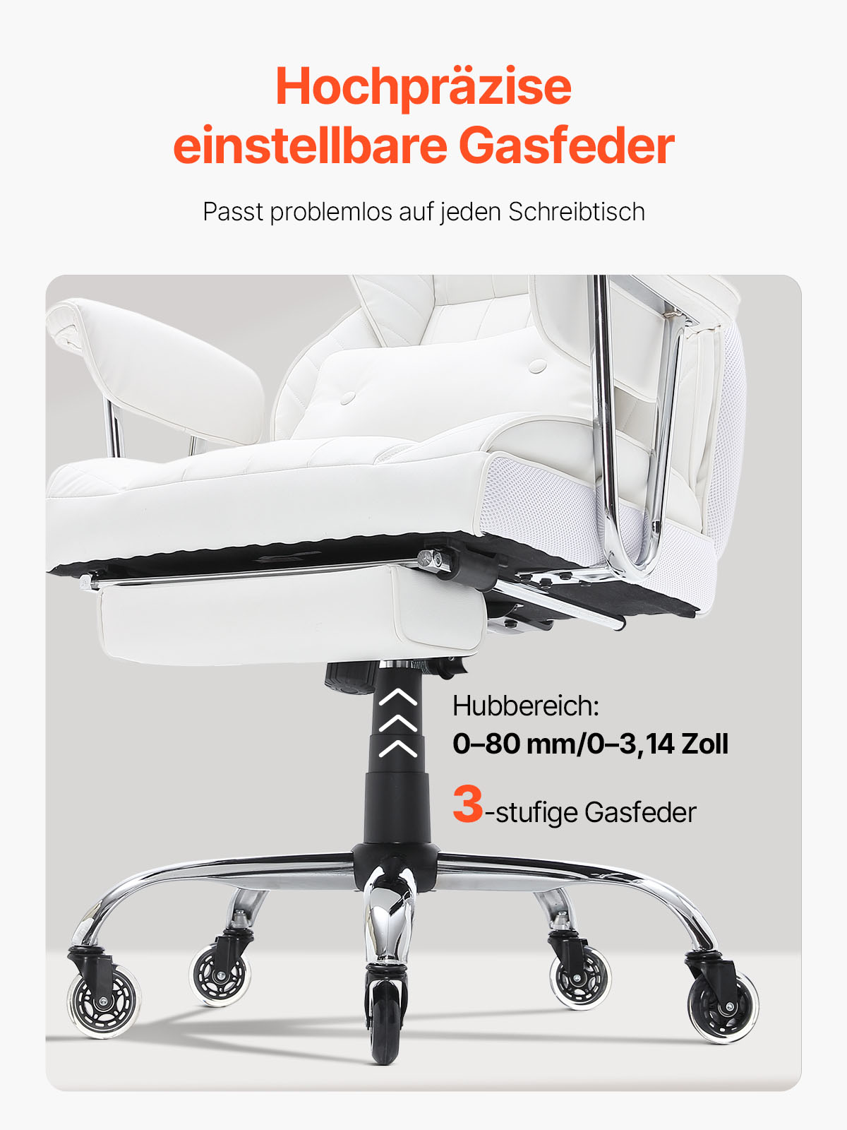 VEVOR Bürostuhl PU Leder Weißer Chefsessel mit Fußstütze, Schreibtisch Drehsessel Höhenverstellbar 0–80 mm, 181,43 kg Tragfähigkeit, Chefsessel Bürostuhl 860 x 610 mm Rückenlehne Drehsessel
