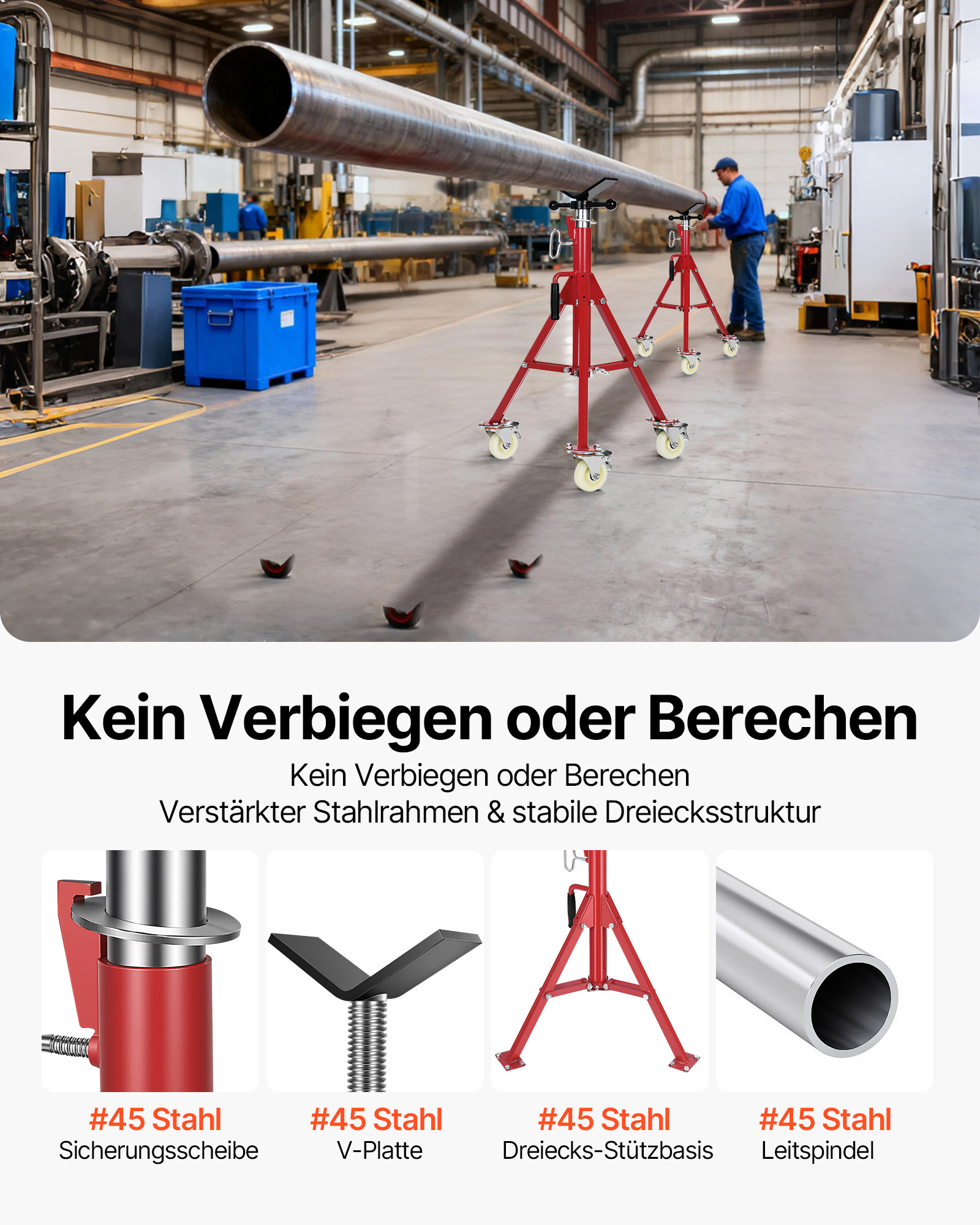 VEVOR Modell 1107A Einklappbare Rohrstütze mit V-Kopf, Rohrstütze mit 400 kg Gewichtskapazität / 0,32 - 30,48 cm Rohrkapazität, Rohrständer 71 - 131 cm verstellbar, Rohrbock Stahl mit Rollen