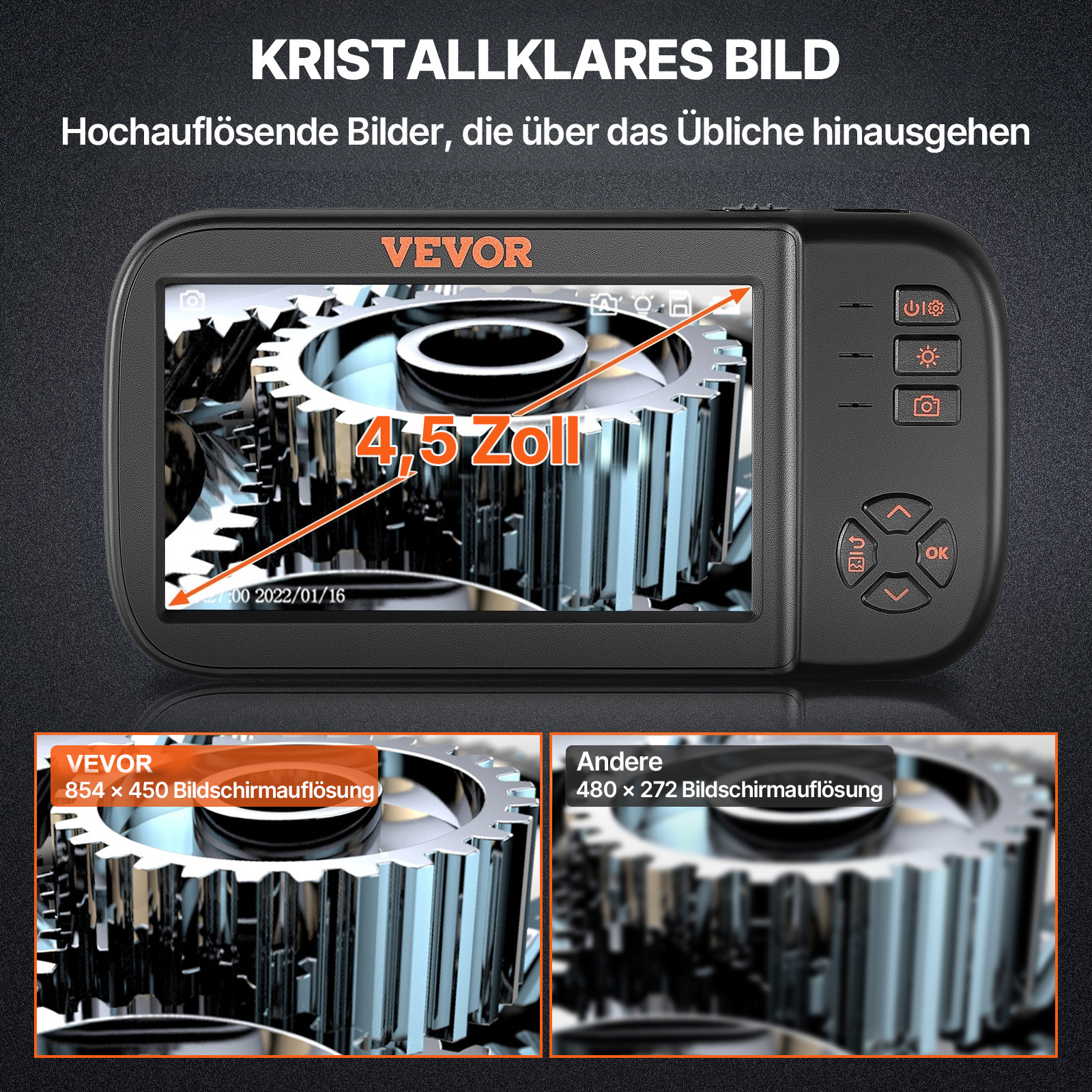 VEVOR Endoskopkamera mit Licht Dreifach Linsen Industrie Endoskop 4,5" IPS Bildschirm Inspektionskamera 1920x1080 Wasserdichtes Rohrkamera Inspektion von Automotoren Abwasserkanälen HVAC-Kanälen