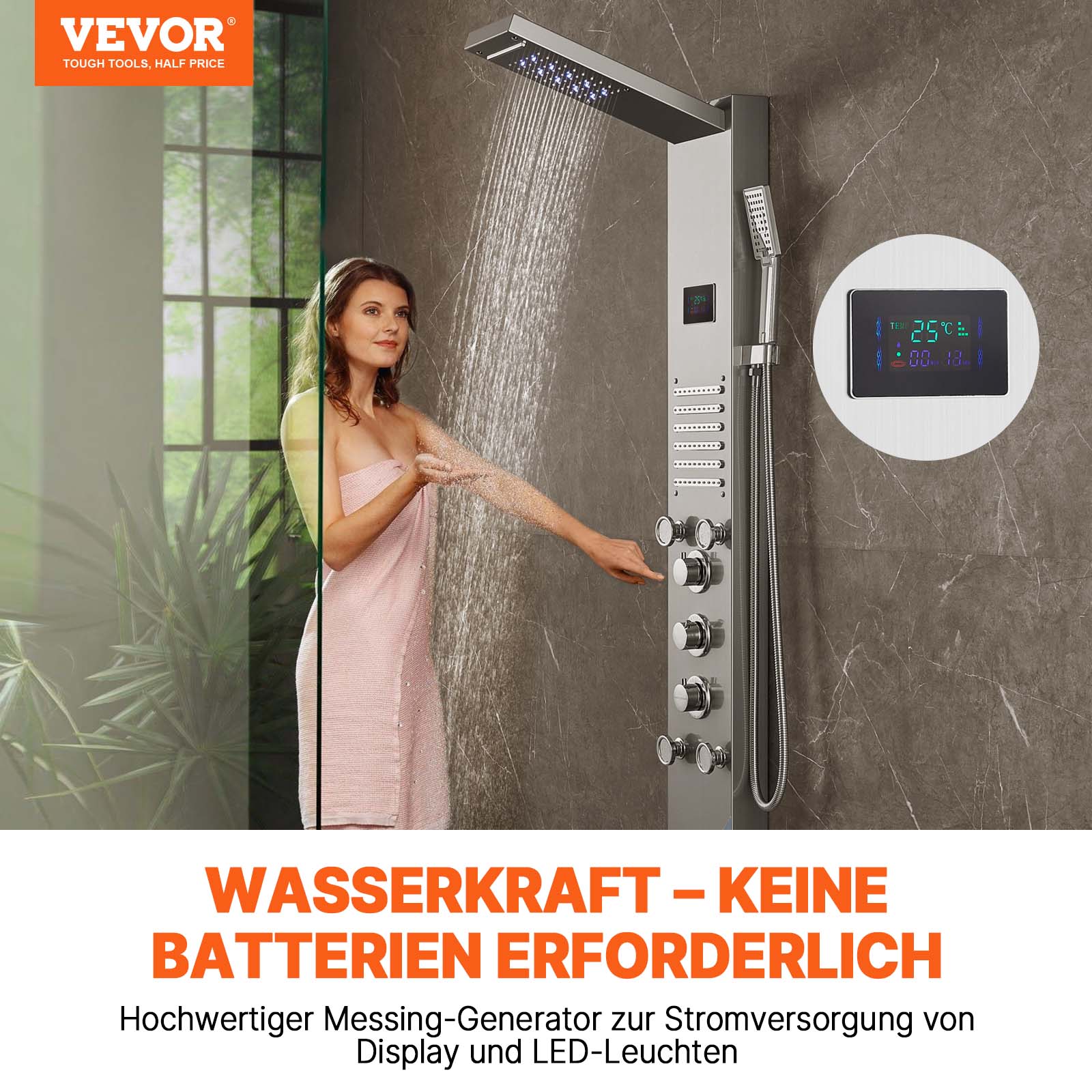 VEVOR Duschpaneelsystem, 6 Duschmodi, LED- und Bildschirm-Wasserkraft-Duschpaneelturm, Regenfall, Wasserfall, 5 Massagedüsen, Wannenauslauf, Handbrause, wandmontiertes Duschset aus Edelstahl