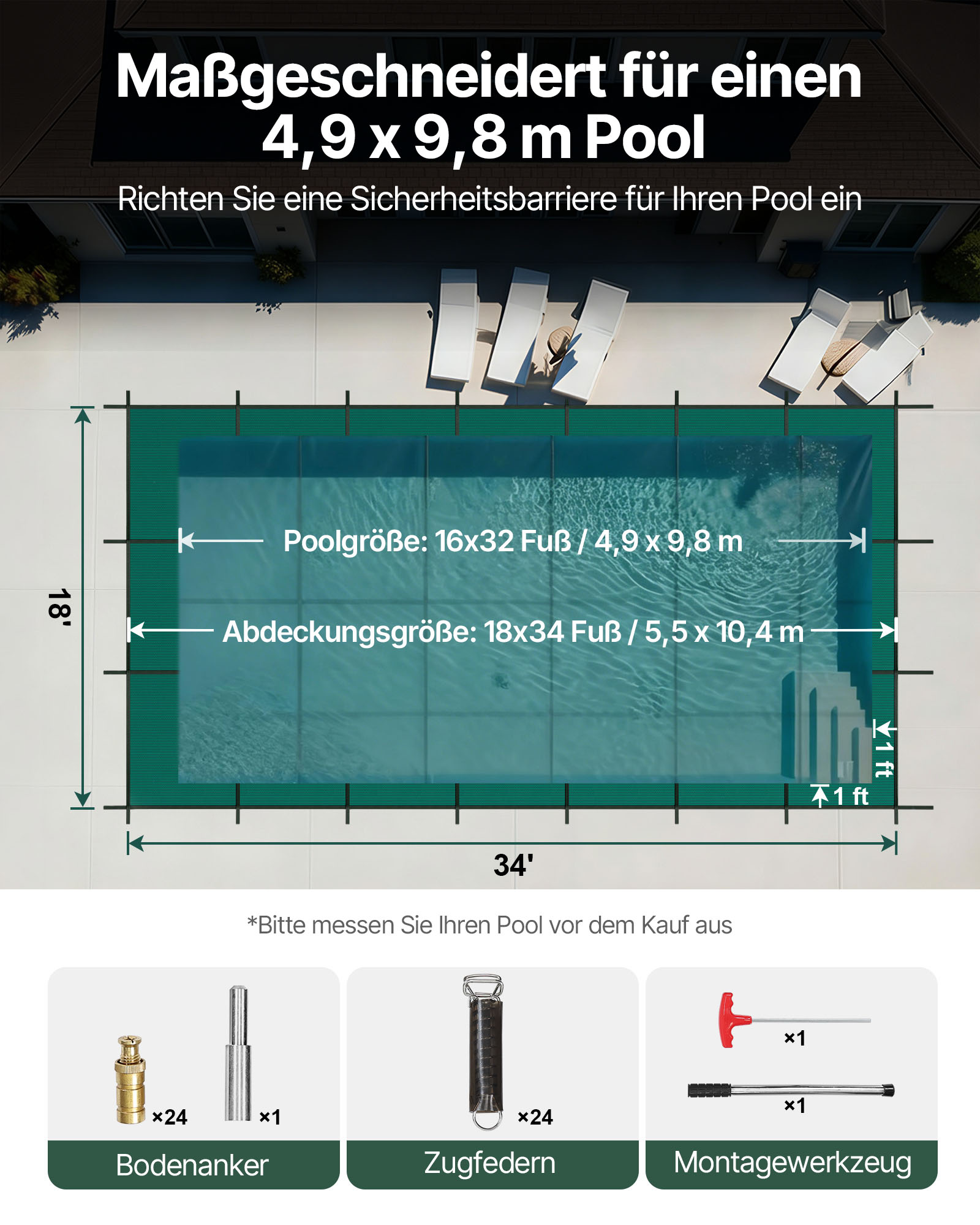 VEVOR Pool Abdeckplane, Passend für Rechteckige, Eingelassene Pools (4,9 x 9,8 m), Sicherheitsabdeckung mit Ablauflöchern, Blickdichte Netzabdeckung für Schwimmbecken, Winterabdeckplane, Grün
