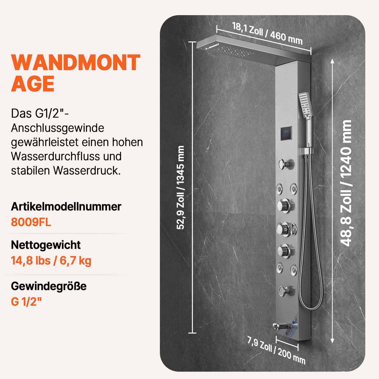 VEVOR Duschpaneelsystem, 6 Duschmodi, LED- und Bildschirm-Wasserkraft-Duschpaneelturm, Regenfall, Wasserfall, 8 Massagedüsen, Wannenauslauf, Handbrause, Wandduschset aus Edelstahl