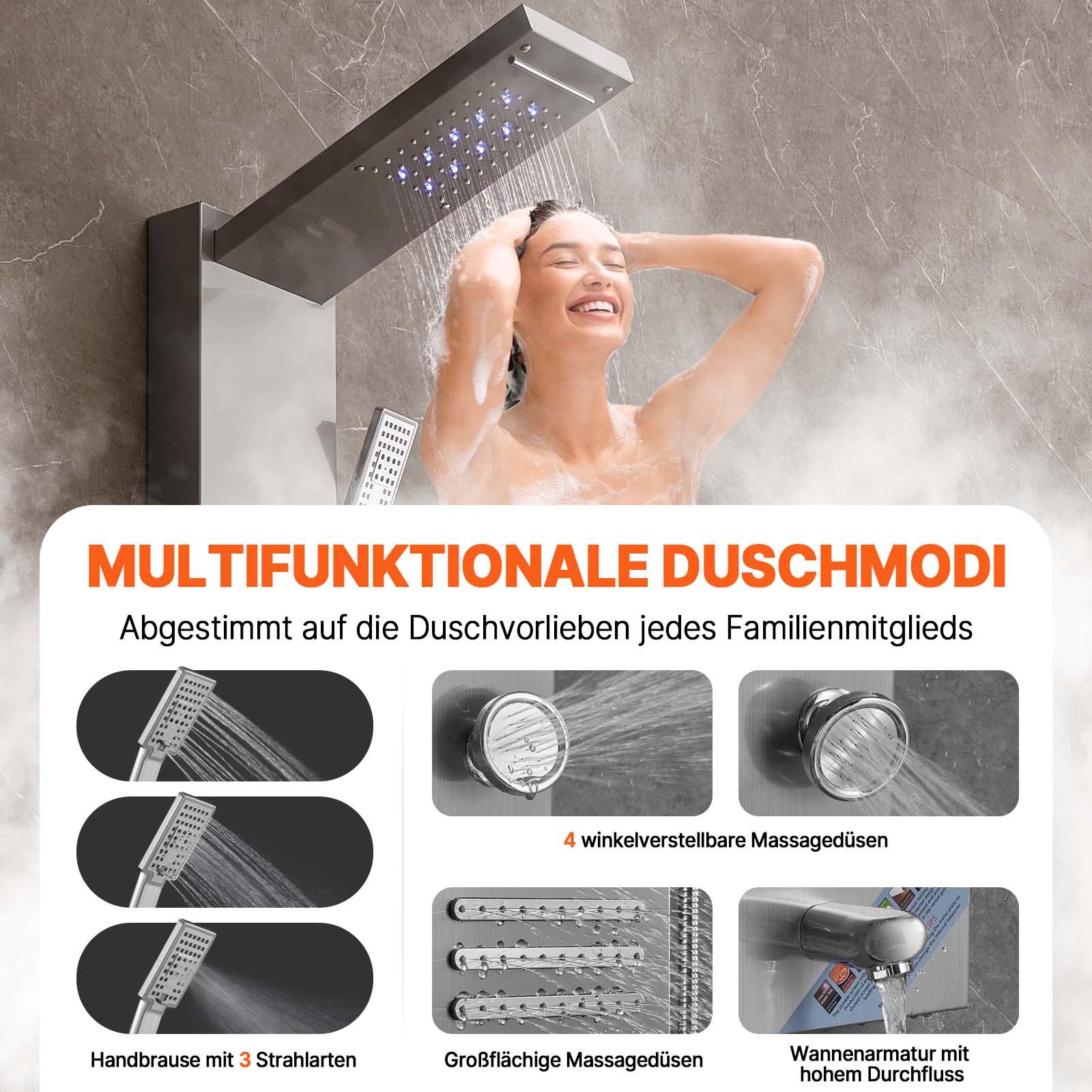 VEVOR Duschpaneelsystem, 6 Duschmodi, LED- und Bildschirm-Wasserkraft-Duschpaneelturm, Regenfall, Wasserfall, 5 Massagedüsen, Wannenauslauf, Handbrause, wandmontiertes Duschset aus Edelstahl