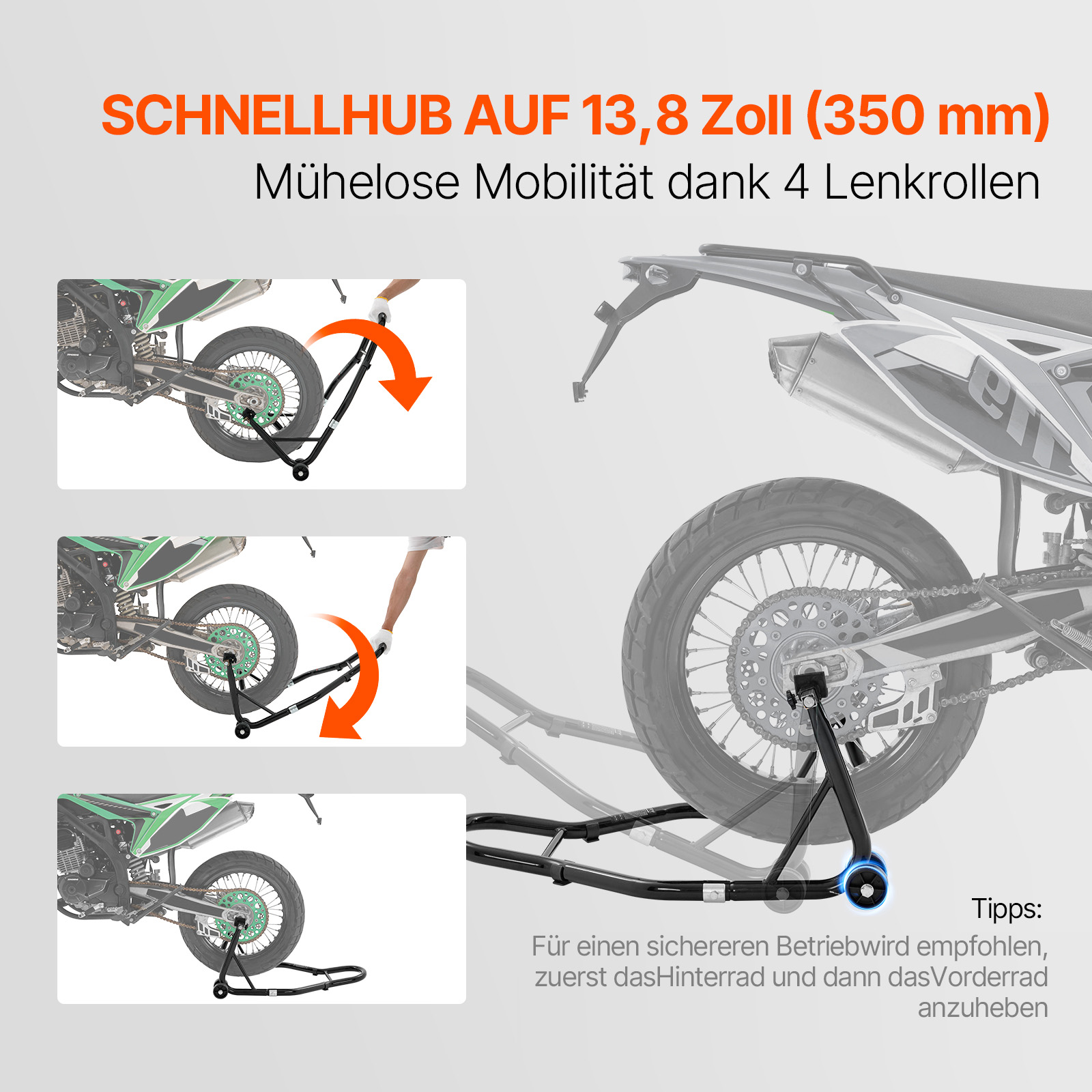 VEVOR Motorrad Ständer Set Montageständer 0,39 t Belastbar, U-Type + L-Type, 225–350 mm / 230–330 mm Hinten Montageständer Motorrad Heber Montagelift Montageheber, mit vier Laufrollen Montageständer