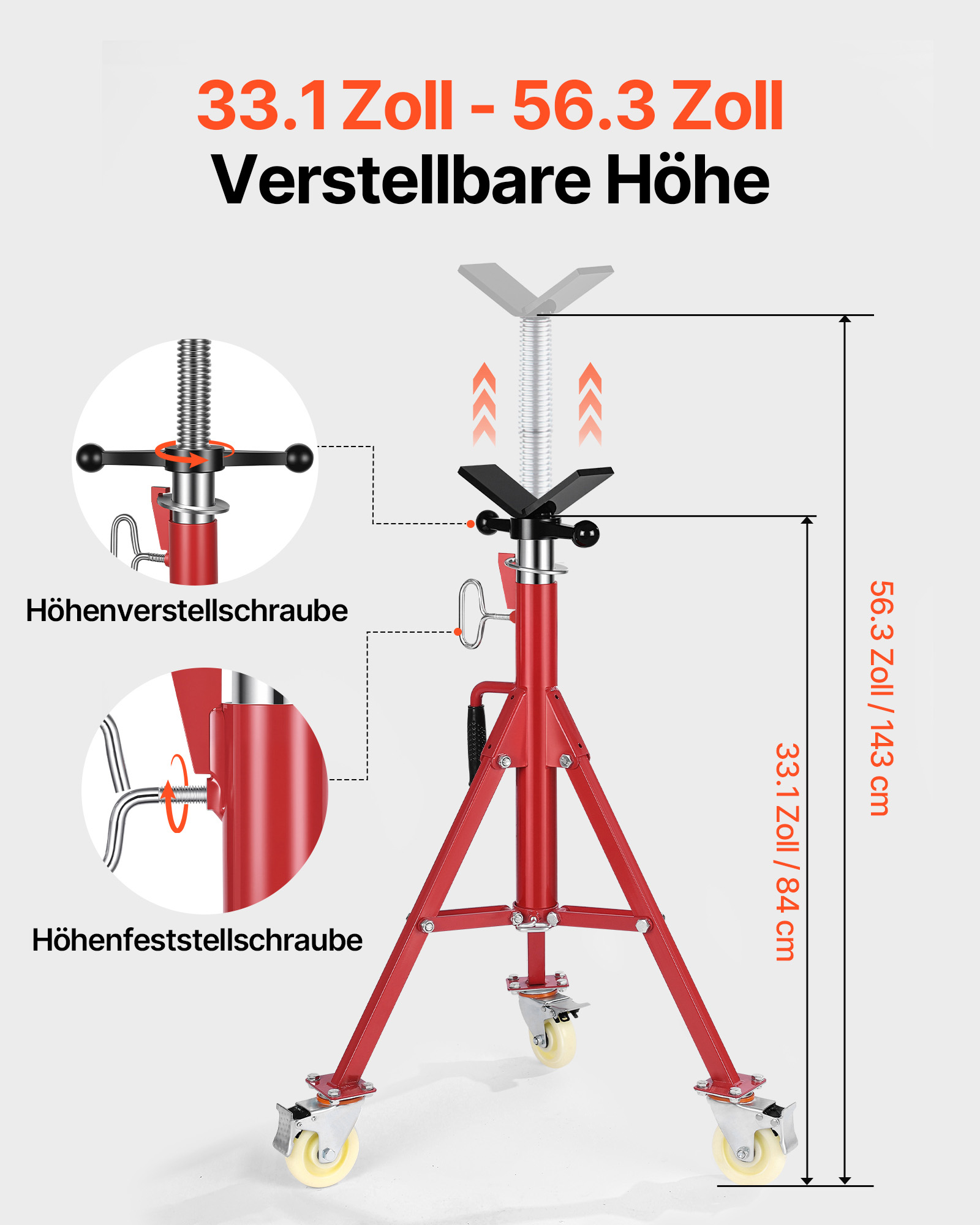 VEVOR Modell 1107A Einklappbare Rohrstütze mit V-Kopf, Rohrstütze mit 400 kg Gewichtskapazität / 0,32 - 30,48 cm Rohrkapazität, Rohrständer 71 - 131 cm verstellbar, Rohrbock Stahl mit Rollen