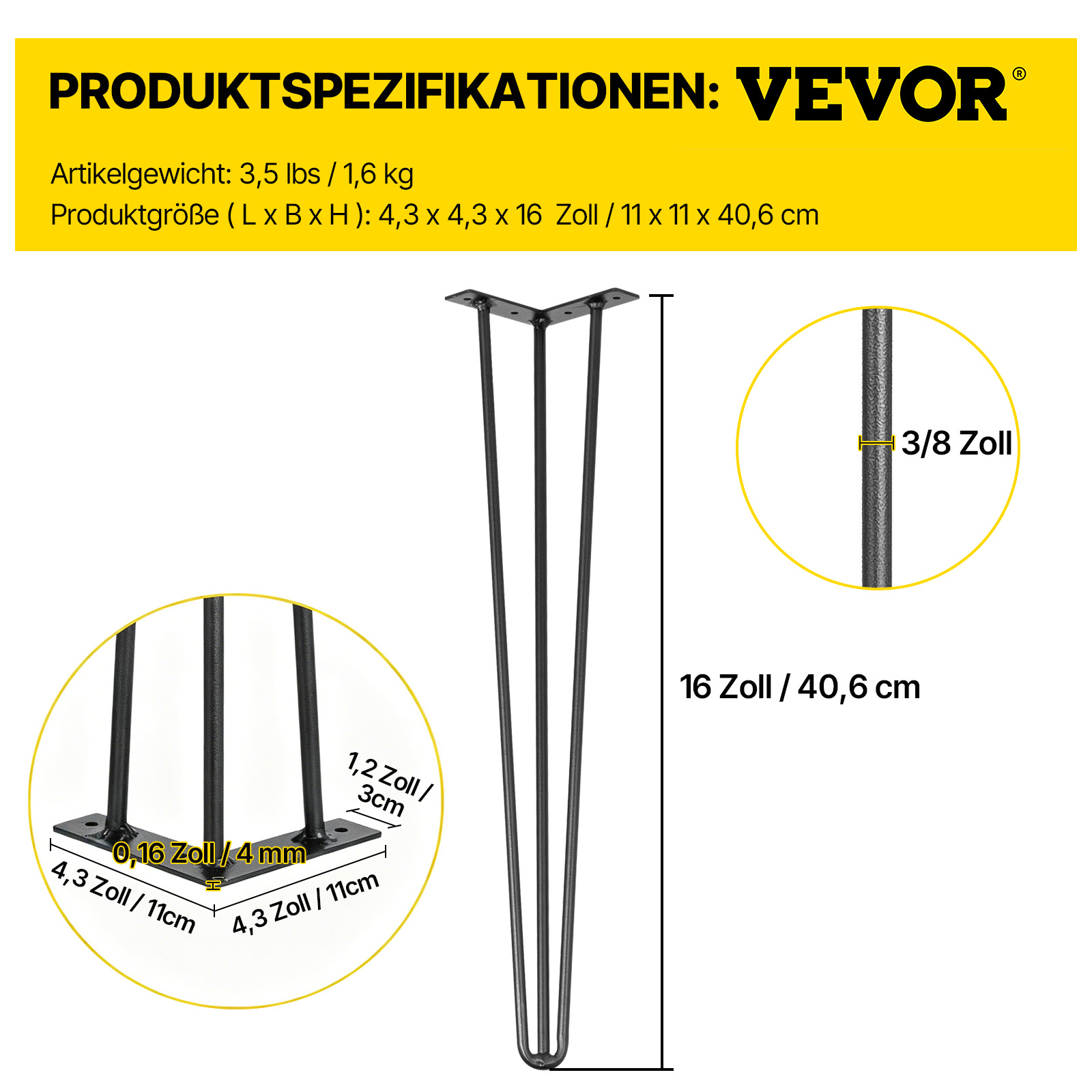 VEVOR Haarnadel Tischbein 40,6 cm Tischbeine Metall Schwarz Haarnadelbein Kohlenstoffstahl 4 Stück mit 4 Gummibodenfüßen Tischfüße