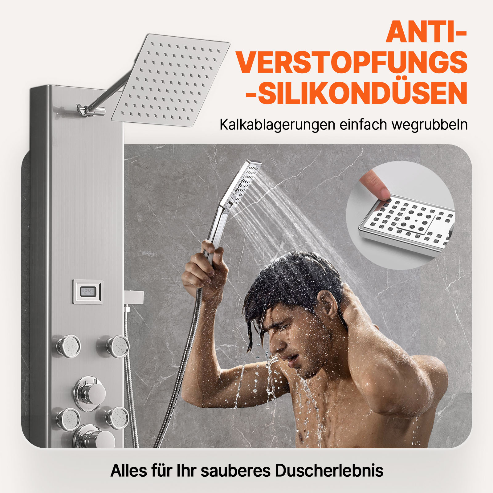 VEVOR Duschpaneelsystem, 5 Duschmodi, Duschpaneelturm mit Digitalanzeige, Regenfall, 8 Massagedüsen, Wannenauslauf, Handbrause mit 3 Einstellungen, 59-Zoll-Schlauch, Wandduschset aus Edelstahl