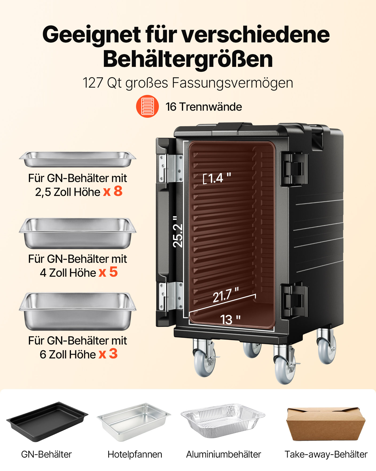 VEVOR Isolierter Lebensmittelbehälter-Träger, Frontlader, Catering-Box mit Rädern, 103 L, Schwarz