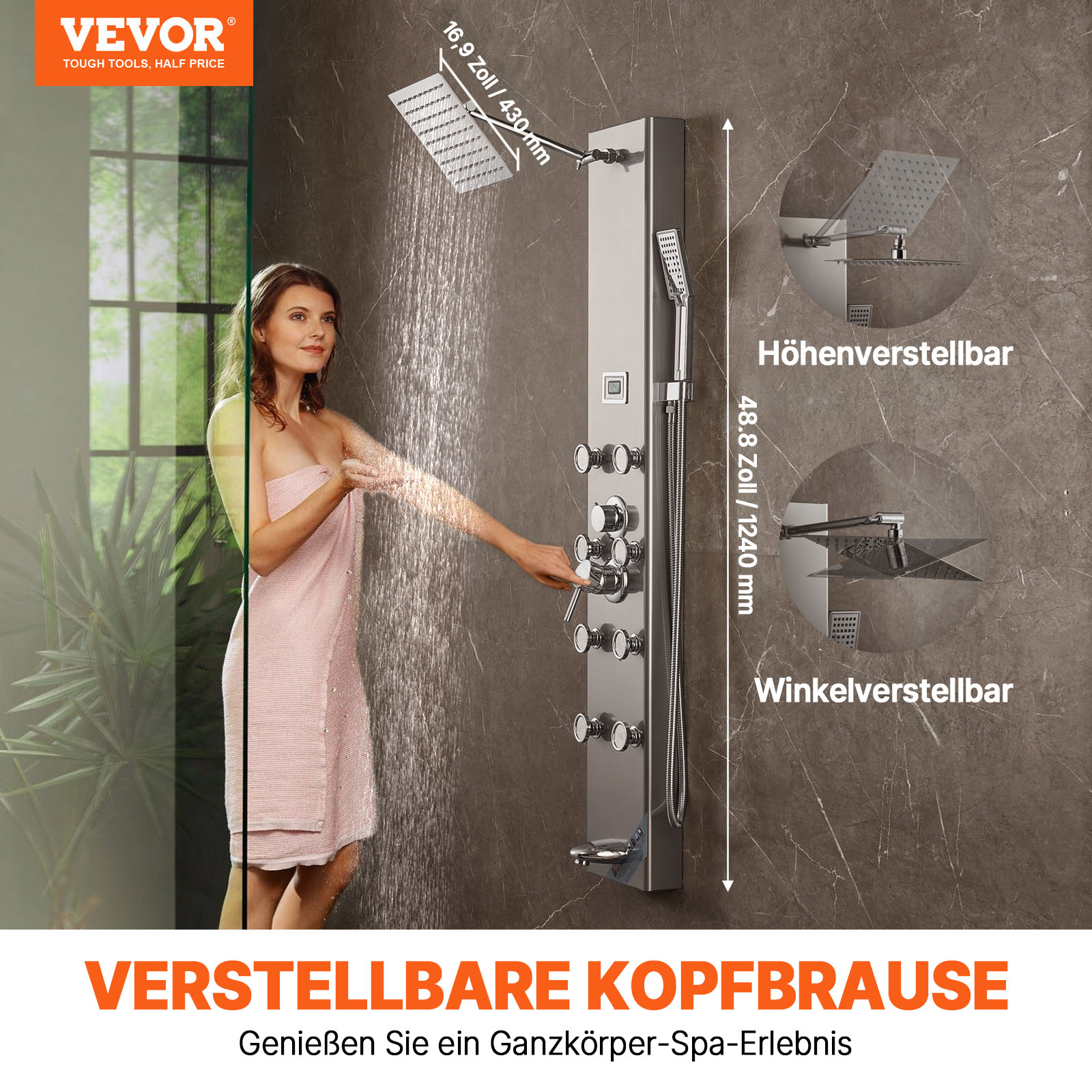 VEVOR Duschpaneelsystem, 5 Duschmodi, Duschpaneelturm mit Digitalanzeige, Regenfall, 8 Massagedüsen, Wannenauslauf, Handbrause mit 3 Einstellungen, 59-Zoll-Schlauch, Wandduschset aus Edelstahl