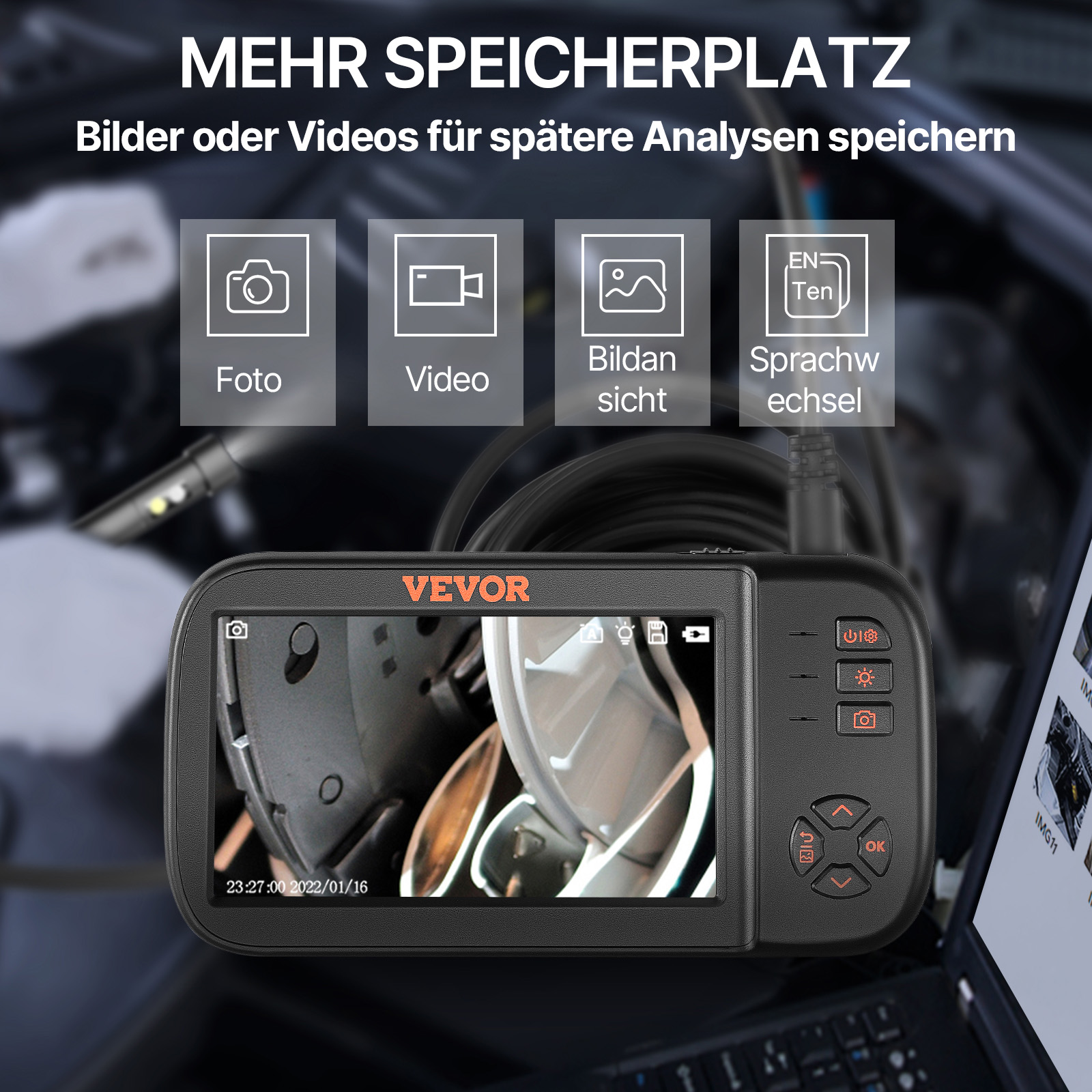 VEVOR Endoskopkamera mit Licht Dreifach Linsen Industrie Endoskop 4,5" IPS Bildschirm Inspektionskamera 1920x1080 Wasserdichtes Rohrkamera Inspektion von Automotoren Abwasserkanälen HVAC-Kanälen