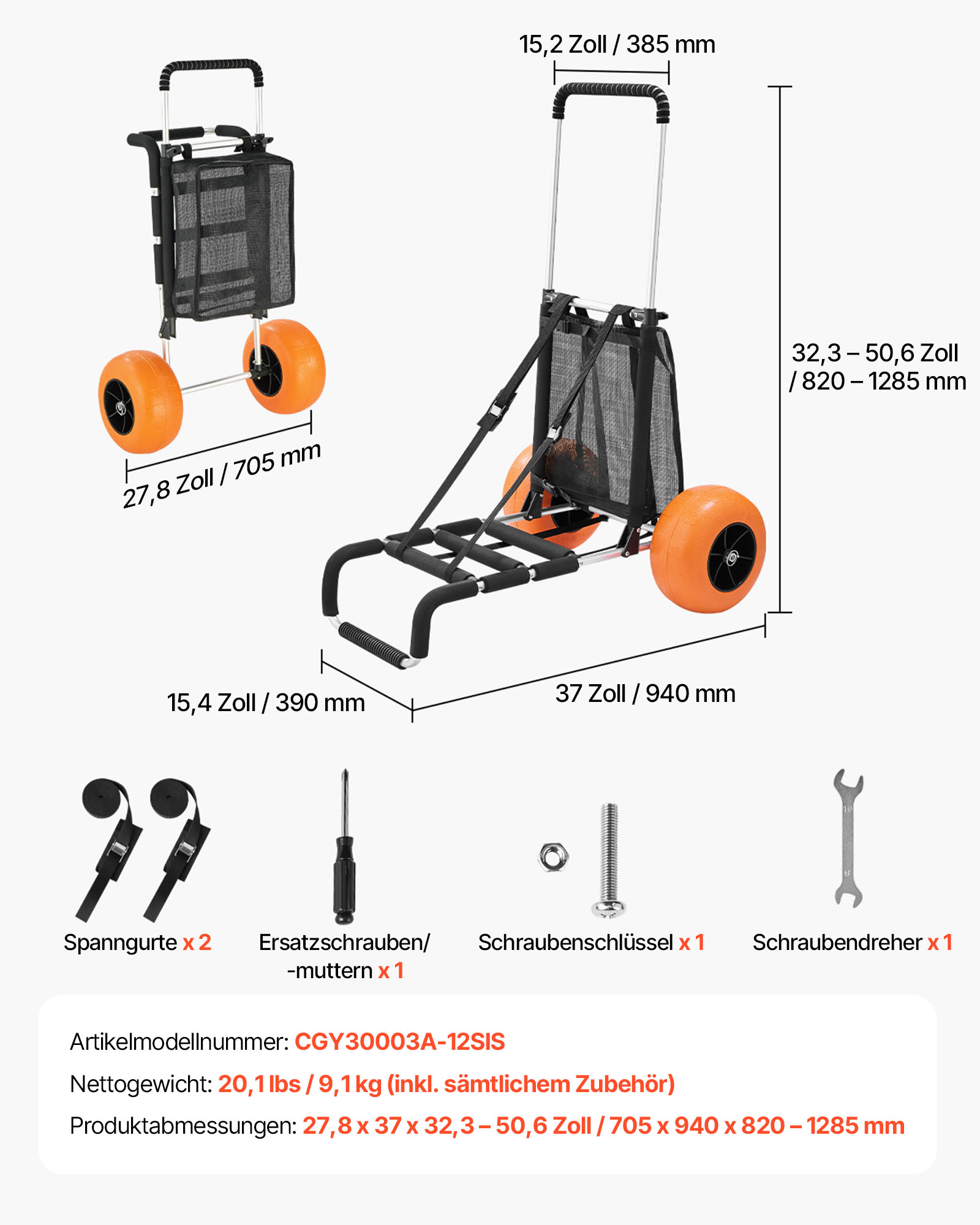 VEVOR Strandkarre Bollerwagen Sandwagen, Strandwagen 74,84 kg Tragkraft, zusammenklappbarer Sandwagen aus Aluminium 685-1135 mm einstellbare Höhe, Wagen für den Strand 76 x 39 cm Ladefläche