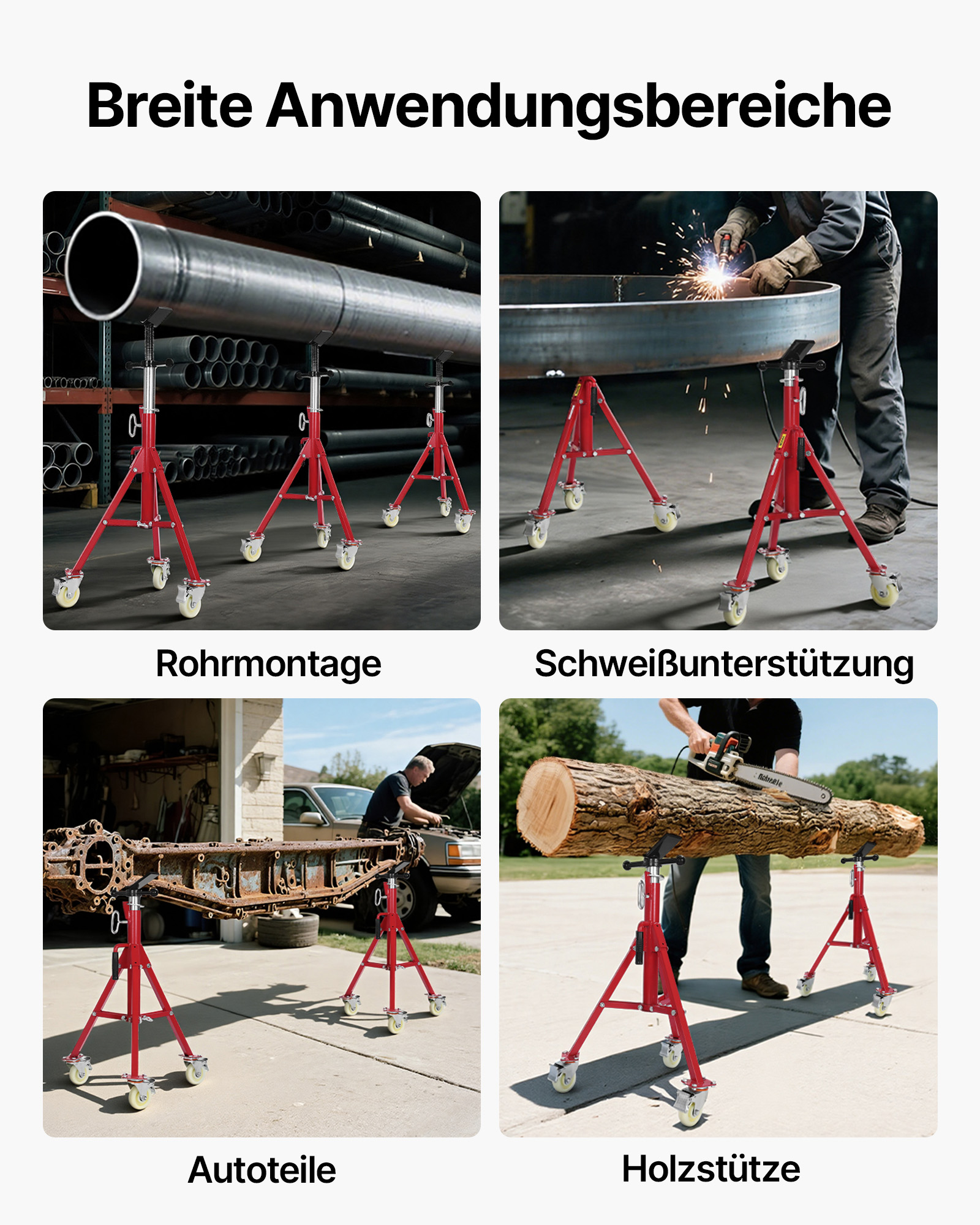 VEVOR Modell 1107A Einklappbare Rohrstütze mit V-Kopf, Rohrstütze mit 400 kg Gewichtskapazität / 0,32 - 30,48 cm Rohrkapazität, Rohrständer 71 - 131 cm verstellbar, Rohrbock Stahl mit Rollen