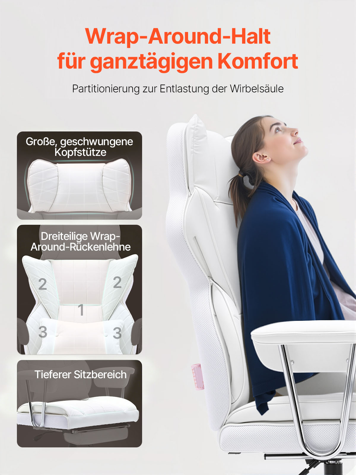VEVOR Bürostuhl PU Leder Weißer Chefsessel mit Fußstütze, Schreibtisch Drehsessel Höhenverstellbar 0–80 mm, 181,43 kg Tragfähigkeit, Chefsessel Bürostuhl 860 x 610 mm Rückenlehne Drehsessel
