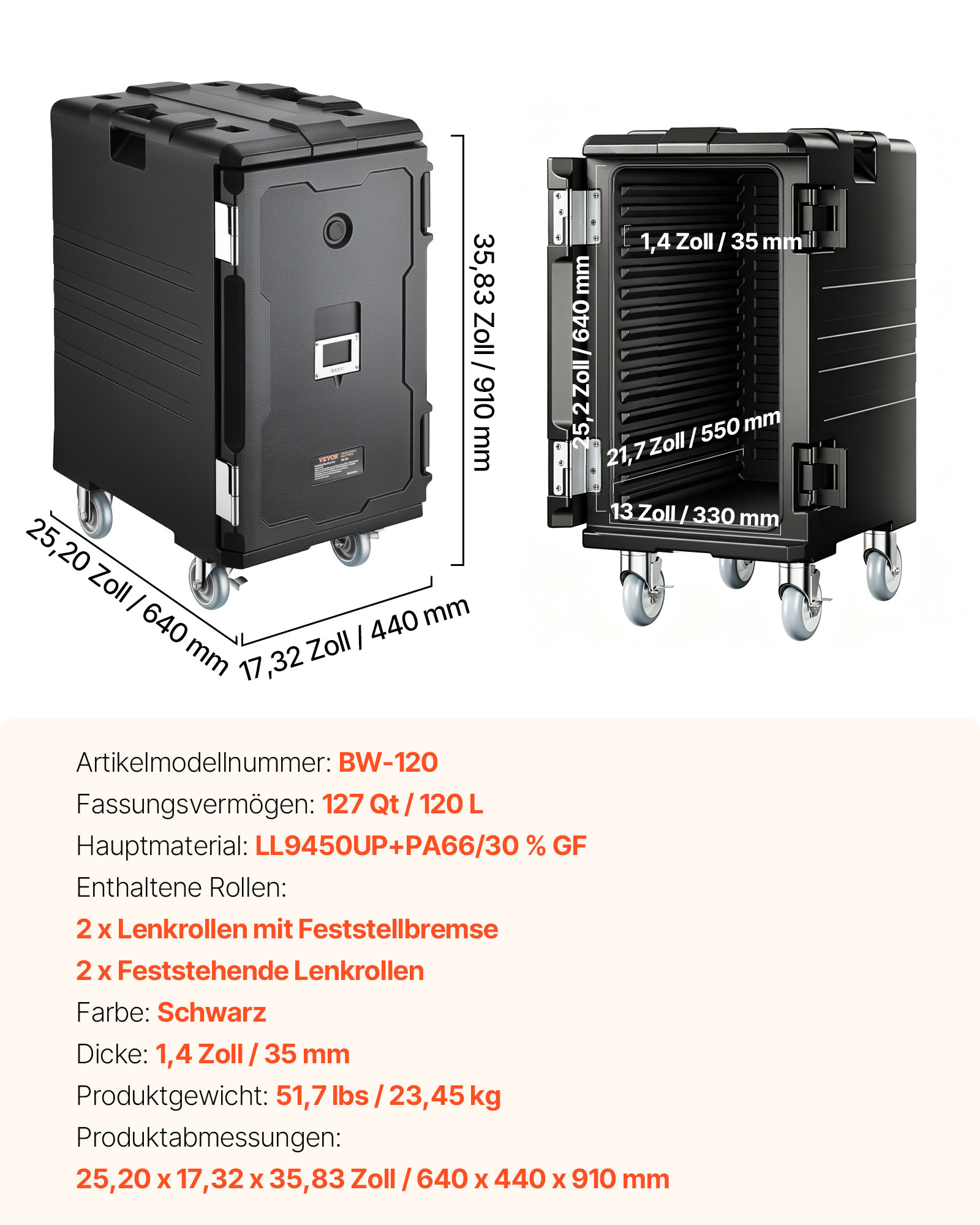 VEVOR Isolierter Lebensmittelbehälter-Träger, Frontlader, Catering-Box mit Rädern, 103 L, Schwarz
