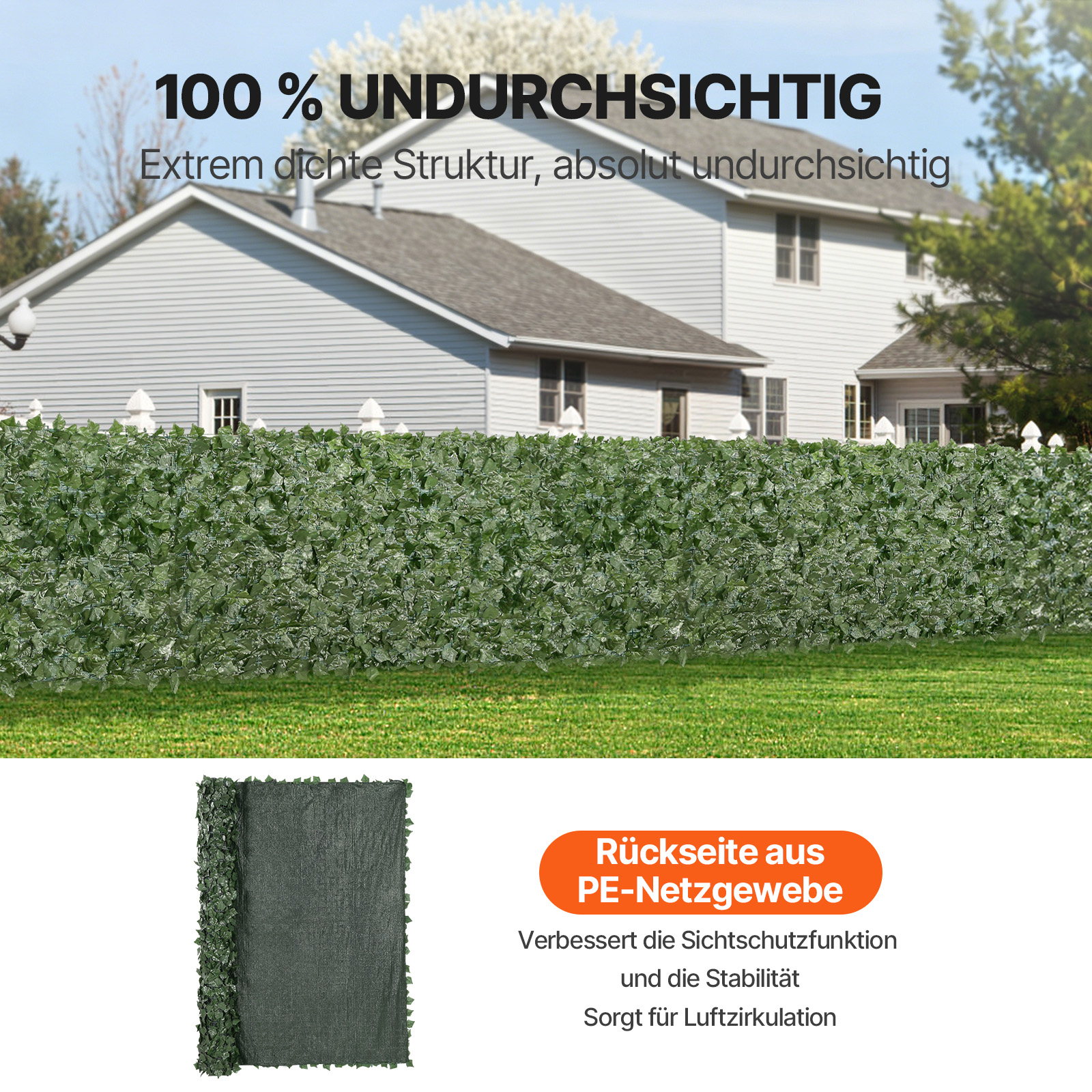 VEVOR Sichtschutzzaun aus Efeu, 2440 x 1830 mm, künstliche Pflanzenwand, Efeuzaun mit verstärkter Verbindung, künstliche Hecken mit Weinblättern als Dekoration für Garten, Hof, Balkon oder Terrasse