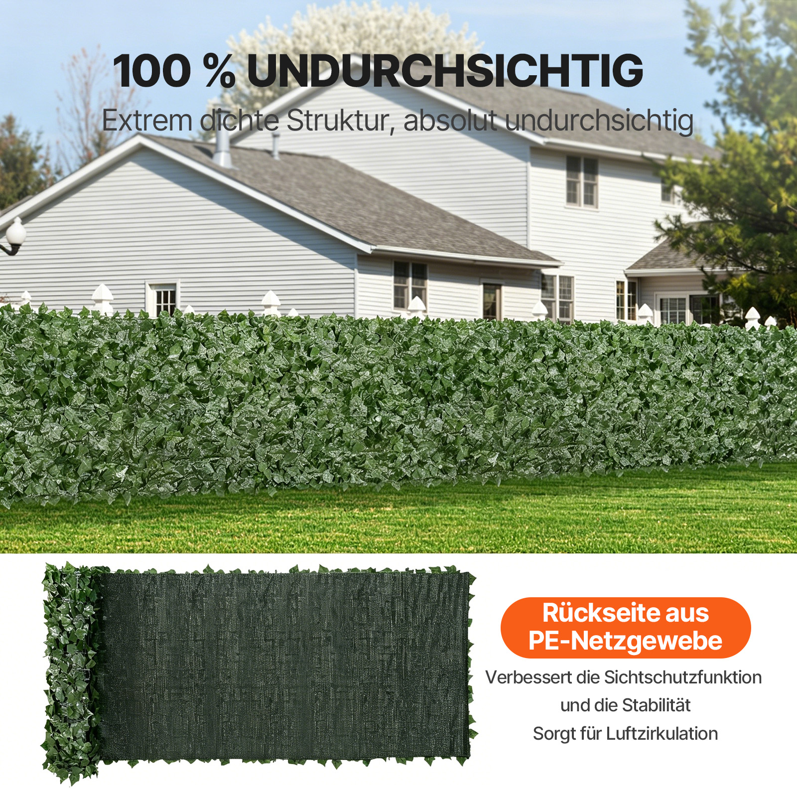 VEVOR Sichtschutzzaun 990x4010mm künstlicher grüner Sichtschutz Efeuzaun mit Netzgeweberückseite und verstärkter Verbindung, künstliche Hecken mit Weinblättern als Dekoration für Garten Hof Balkon