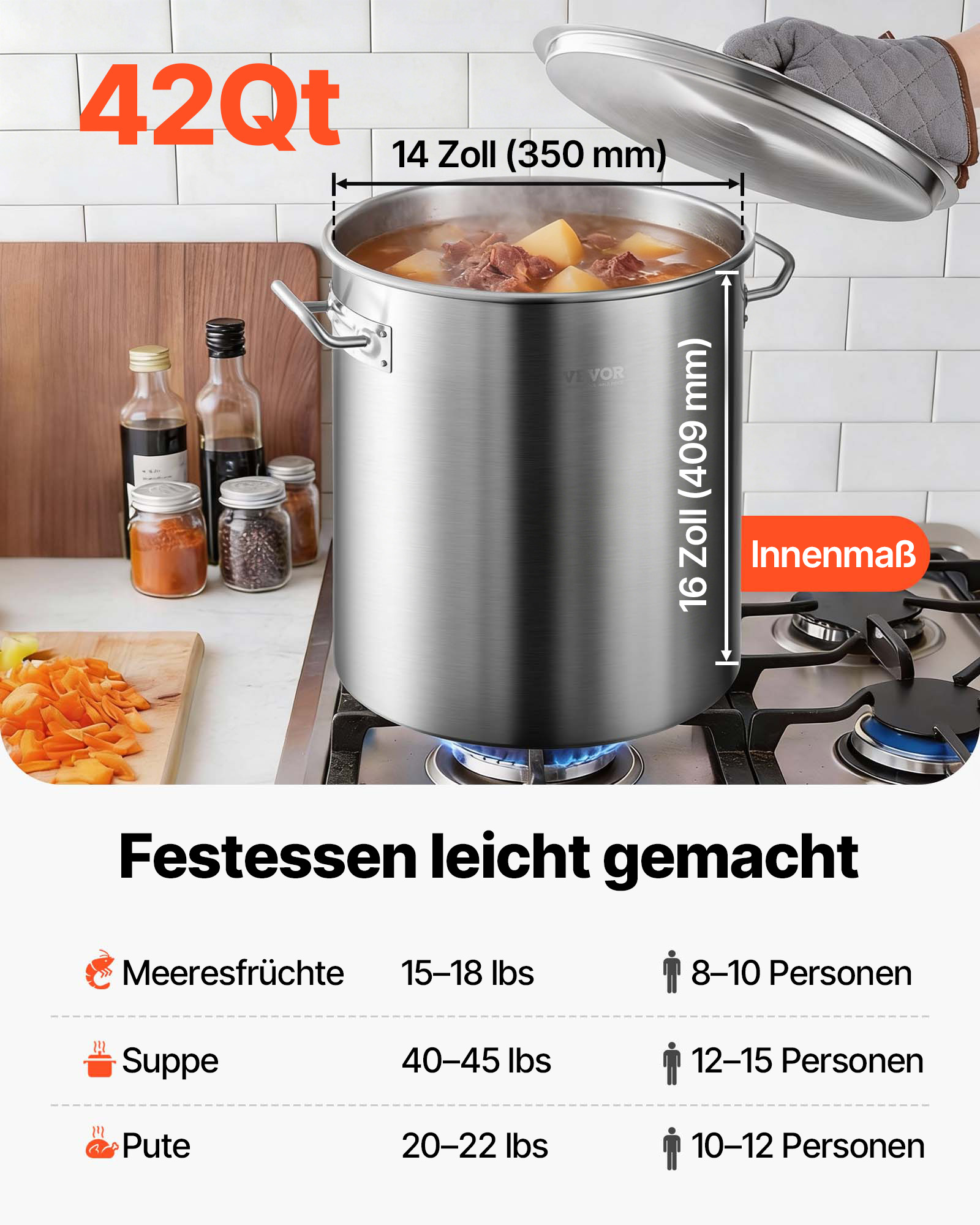 VEVOR Kochtopf 39,7 L Edelstahl, 350 x 410 mm Großvolumiger Suppentopf mit Sieb, als Spargeltopf Soßentopf Geeignet, Praktischer Küchentopf Große Zutaten