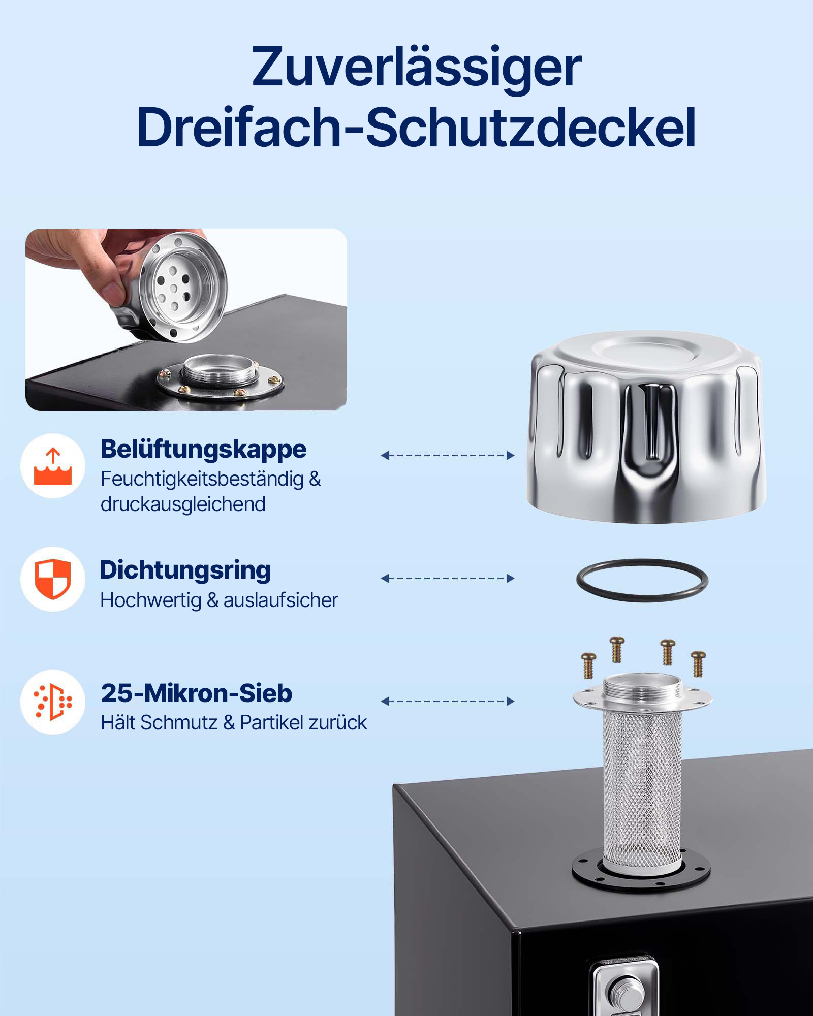 VEVOR Hydraulikflüssigkeitstank, 38 L, Kraftstofftank, robuster hydraulischer Stahltankbehälter, Hydraulikbehälter mit Sieb, Temperaturanzeige, Filter, Entlüftungskappe für Traktoren und LKWs