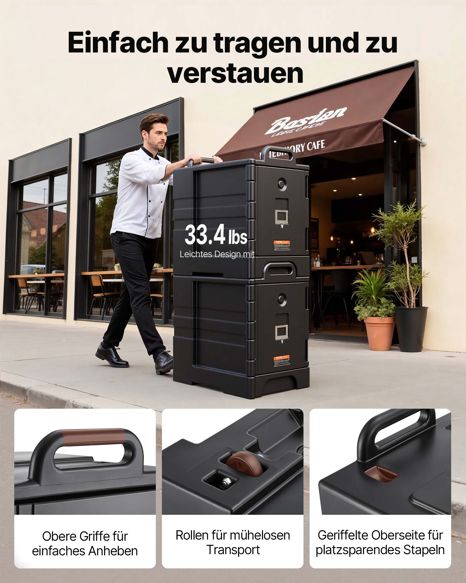 VEVOR Isolierter Speisenbehälterträger Warmhaltebox für Gastronomie 75 L, Speisenbehälter mit Doppelschnallen & Griffen, Speisenbehälterträger Lebensmitteltransportbox Restaurant Kantine schwarz