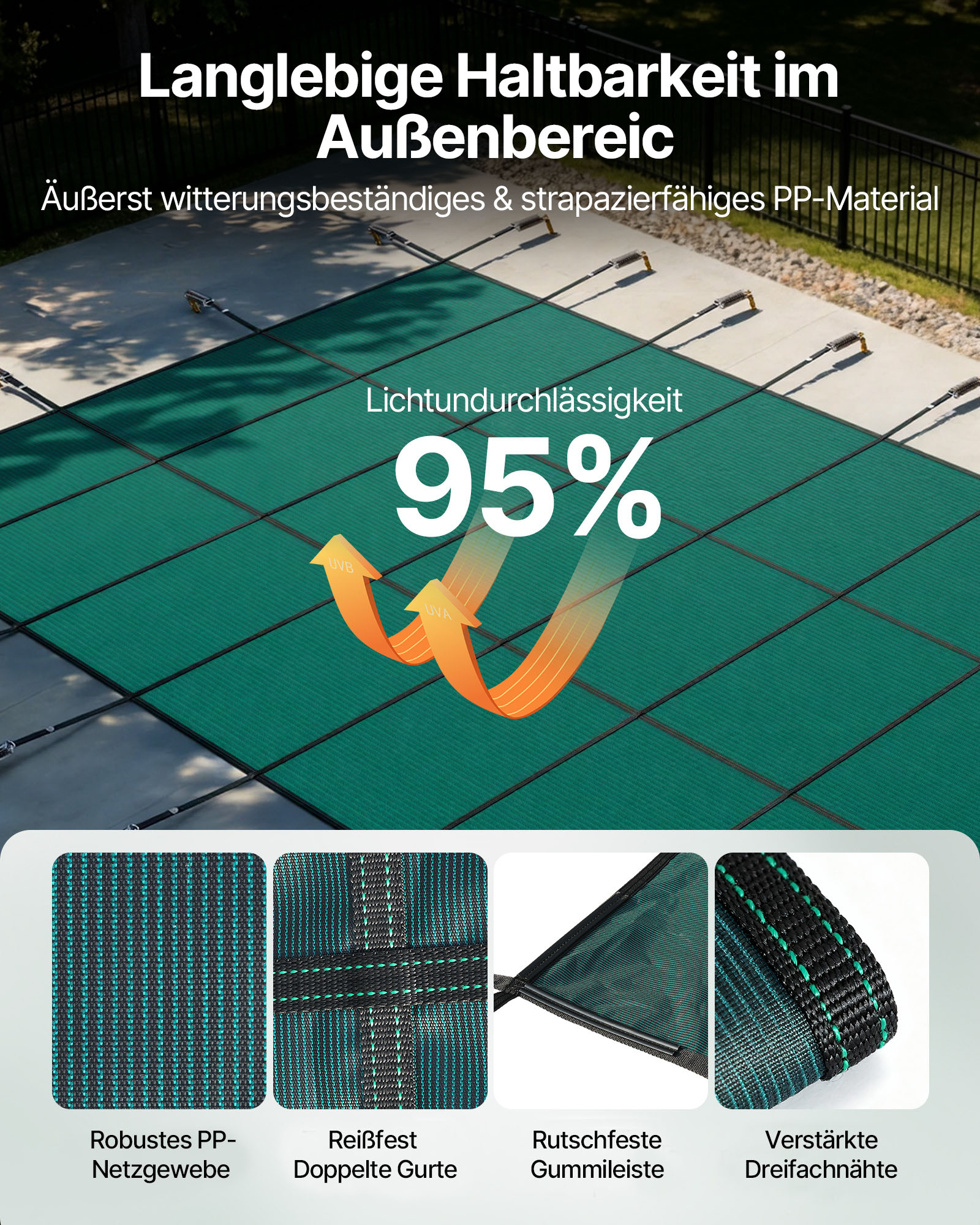 VEVOR Pool Abdeckplane, Passend für Rechteckige, Eingelassene Pools (4,9 x 9,8 m), Sicherheitsabdeckung mit Ablauflöchern, Blickdichte Netzabdeckung für Schwimmbecken, Winterabdeckplane, Grün