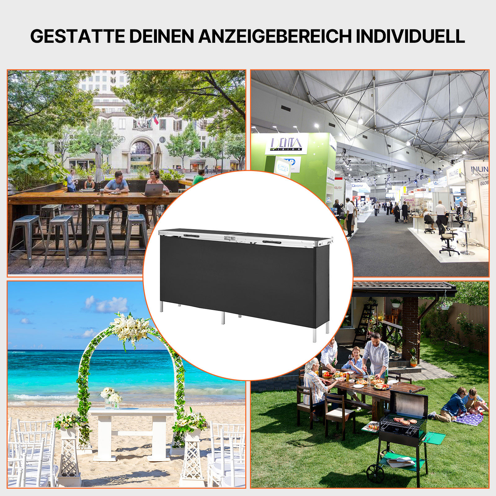 VEVOR Tragbare Messetheke Messetresen, 198 × 38,5 × 88 cm Messestand Ausstellungs-Thekenständer, Faltbarer Promotion-Bartisch Promotiontheke, Rezeptio mit Aufbewahrungsregal, Tragetasche, Schwarz