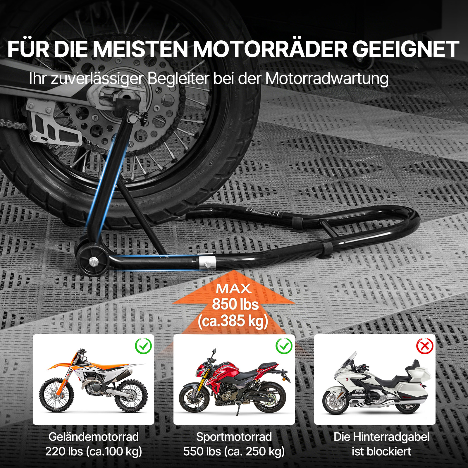 VEVOR Motorrad Ständer Set Montageständer 0,39 t Belastbar, U-Type + L-Type, 225–350 mm / 230–330 mm Hinten Montageständer Motorrad Heber Montagelift Montageheber, mit vier Laufrollen Montageständer