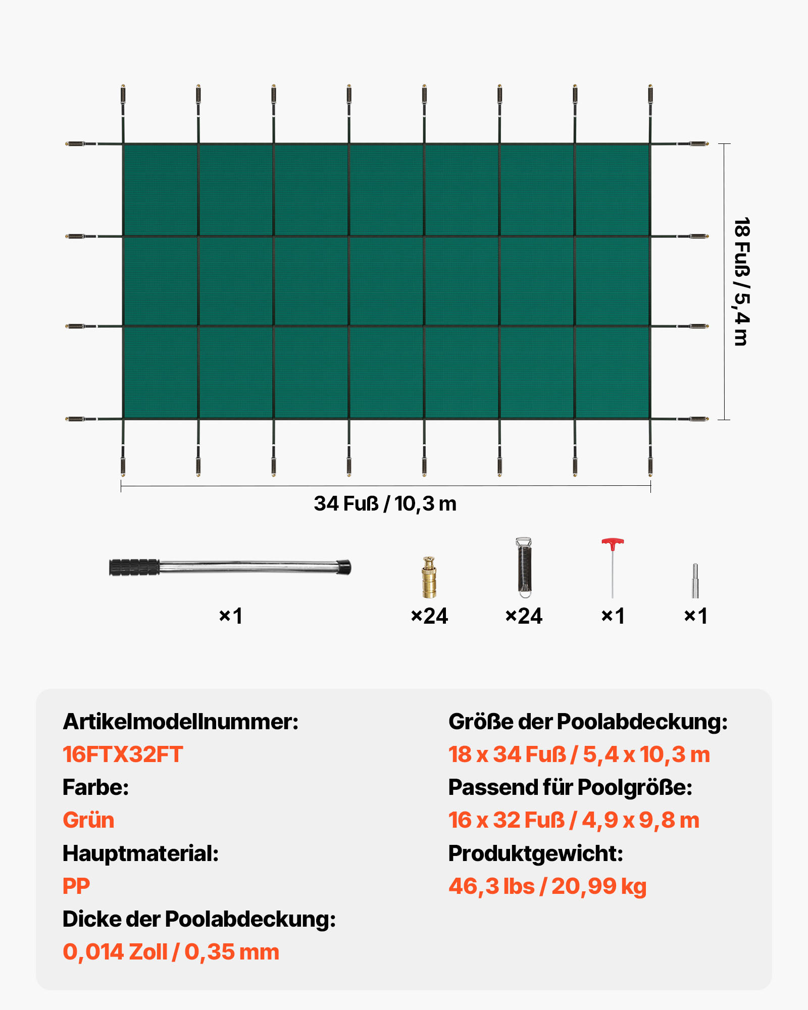 VEVOR Pool Abdeckplane, Passend für Rechteckige, Eingelassene Pools (4,9 x 9,8 m), Sicherheitsabdeckung mit Ablauflöchern, Blickdichte Netzabdeckung für Schwimmbecken, Winterabdeckplane, Grün