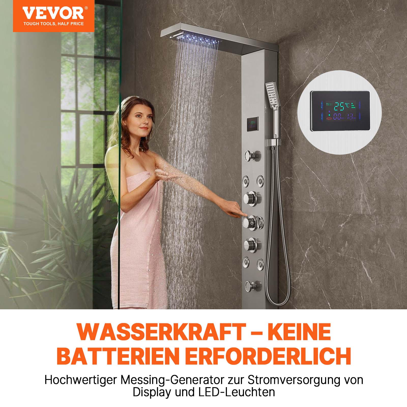 VEVOR Duschpaneelsystem, 6 Duschmodi, LED- und Bildschirm-Wasserkraft-Duschpaneelturm, Regenfall, Wasserfall, 8 Massagedüsen, Wannenauslauf, Handbrause, Wandduschset aus Edelstahl