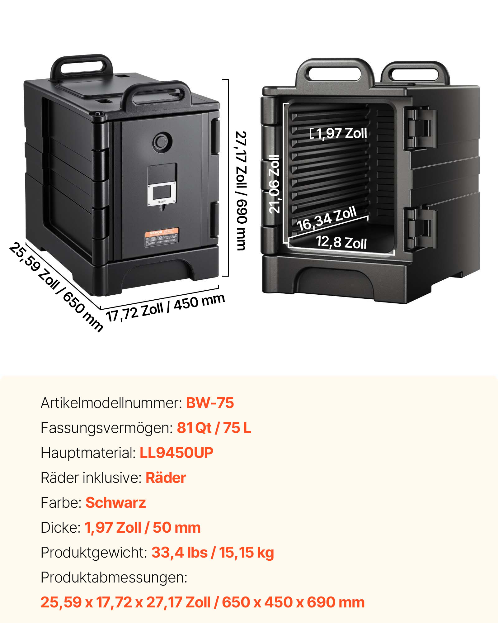 VEVOR Isolierter Speisenbehälterträger Warmhaltebox für Gastronomie 75 L, Speisenbehälter mit Doppelschnallen & Griffen, Speisenbehälterträger Lebensmitteltransportbox Restaurant Kantine schwarz