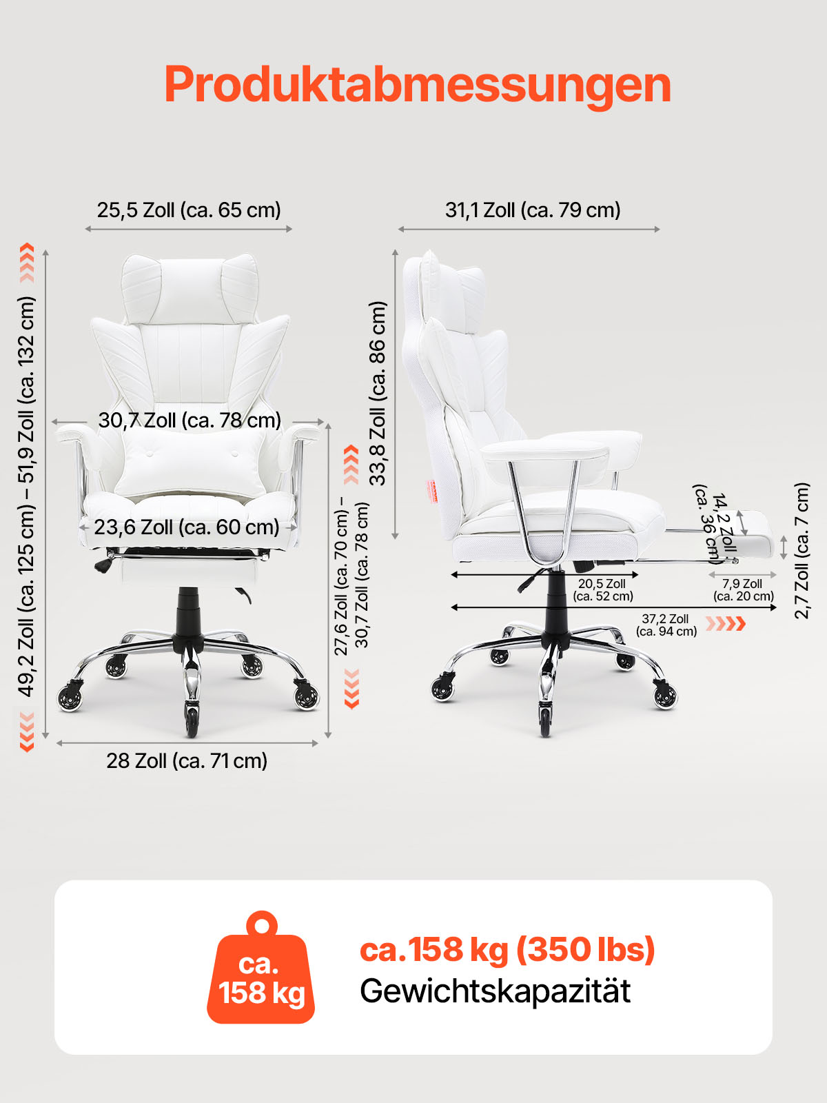 VEVOR Bürostuhl PU Leder Weißer Chefsessel mit Fußstütze, Schreibtisch Drehsessel Höhenverstellbar 0–80 mm, 181,43 kg Tragfähigkeit, Chefsessel Bürostuhl 860 x 610 mm Rückenlehne Drehsessel