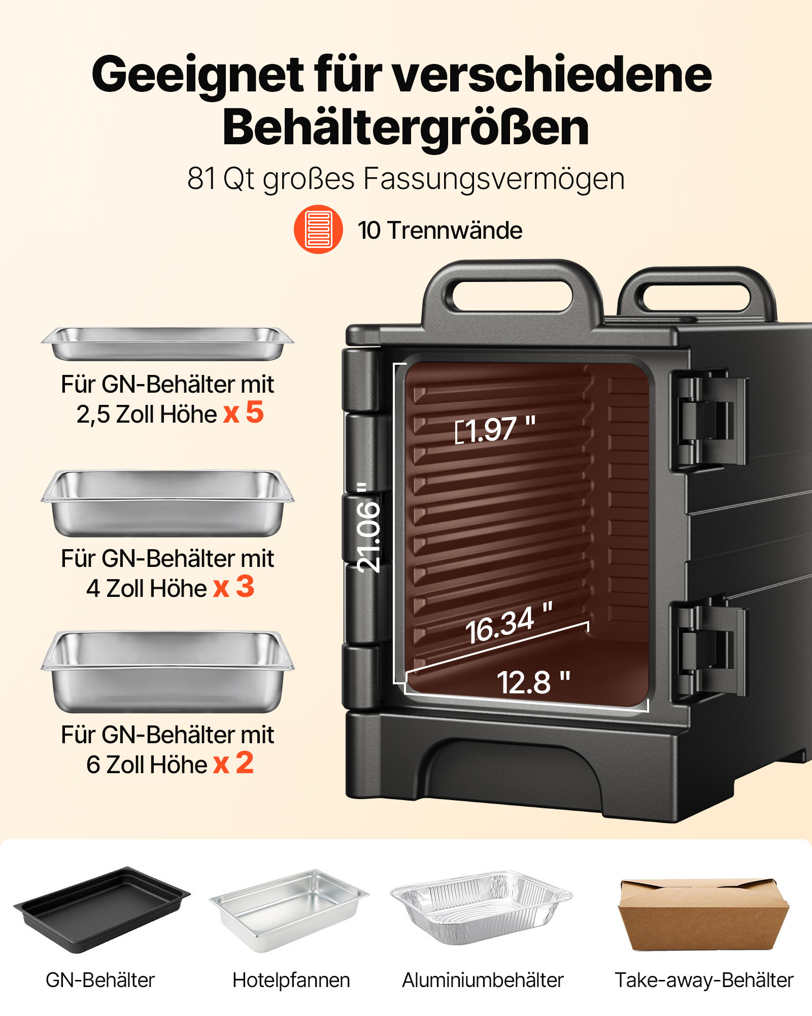 VEVOR Isolierter Speisenbehälterträger Warmhaltebox für Gastronomie 75 L, Speisenbehälter mit Doppelschnallen & Griffen, Speisenbehälterträger Lebensmitteltransportbox Restaurant Kantine schwarz