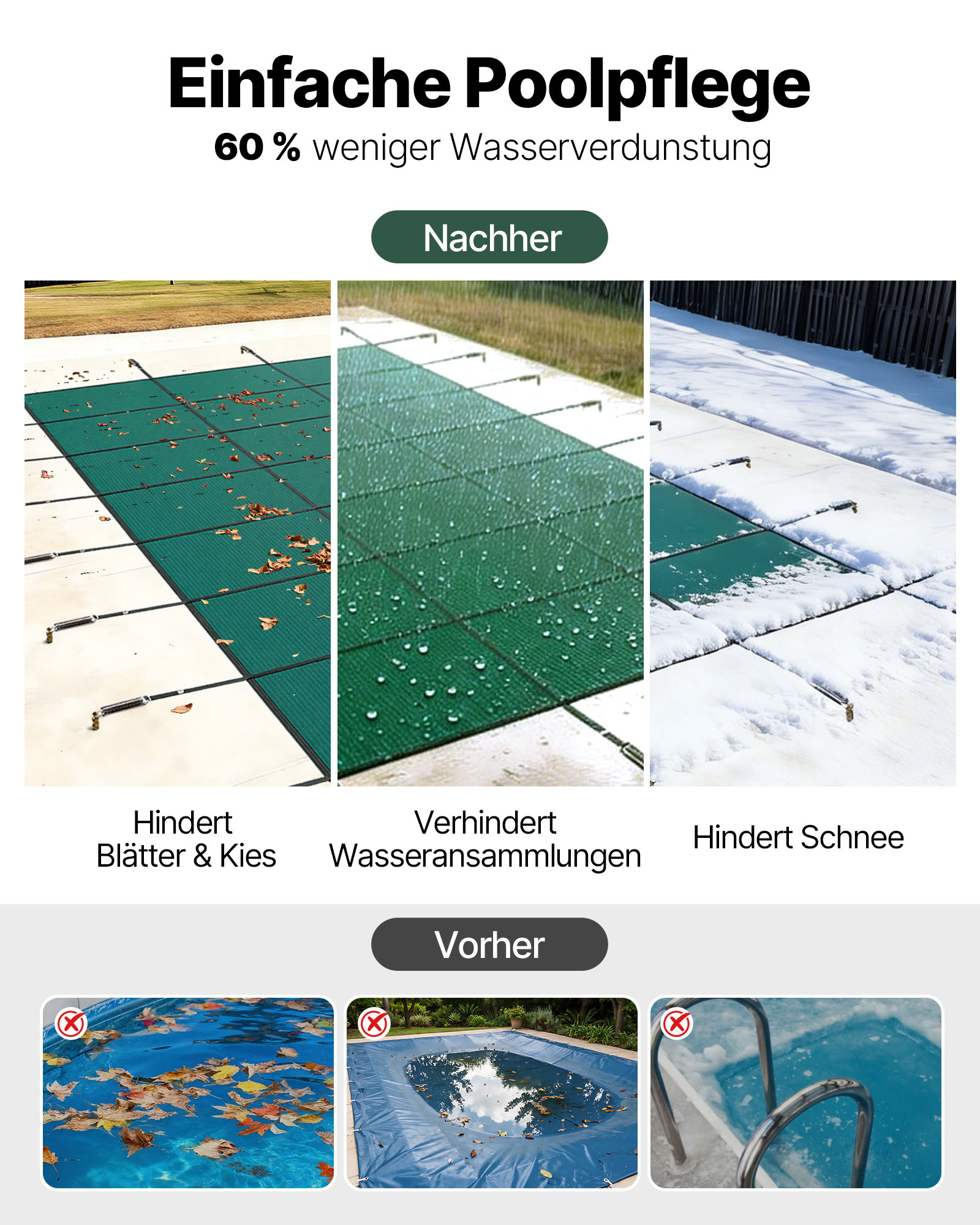 VEVOR Pool Abdeckplane, Passend für Rechteckige, Eingelassene Pools (4,9 x 9,8 m), Sicherheitsabdeckung mit Ablauflöchern, Blickdichte Netzabdeckung für Schwimmbecken, Winterabdeckplane, Grün