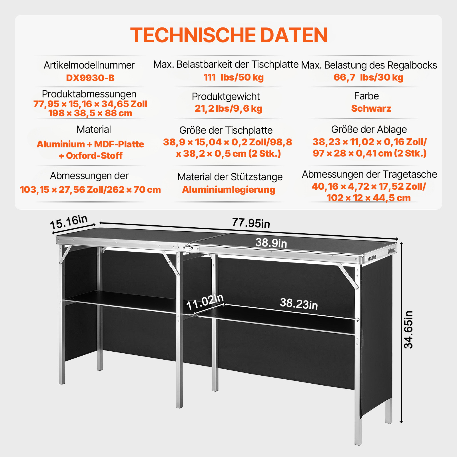 VEVOR Tragbare Messetheke Messetresen, 198 × 38,5 × 88 cm Messestand Ausstellungs-Thekenständer, Faltbarer Promotion-Bartisch Promotiontheke, Rezeptio mit Aufbewahrungsregal, Tragetasche, Schwarz