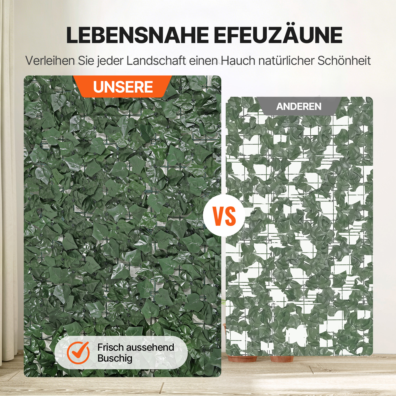 VEVOR Sichtschutzzaun aus Efeu, 2440 x 1830 mm, künstlicher Sichtschutz, Efeuzaun mit verstärkter Verbindung, künstliche Hecken mit Weinblättern als Dekoration für Garten, Hof, Balkon oder Terrasse