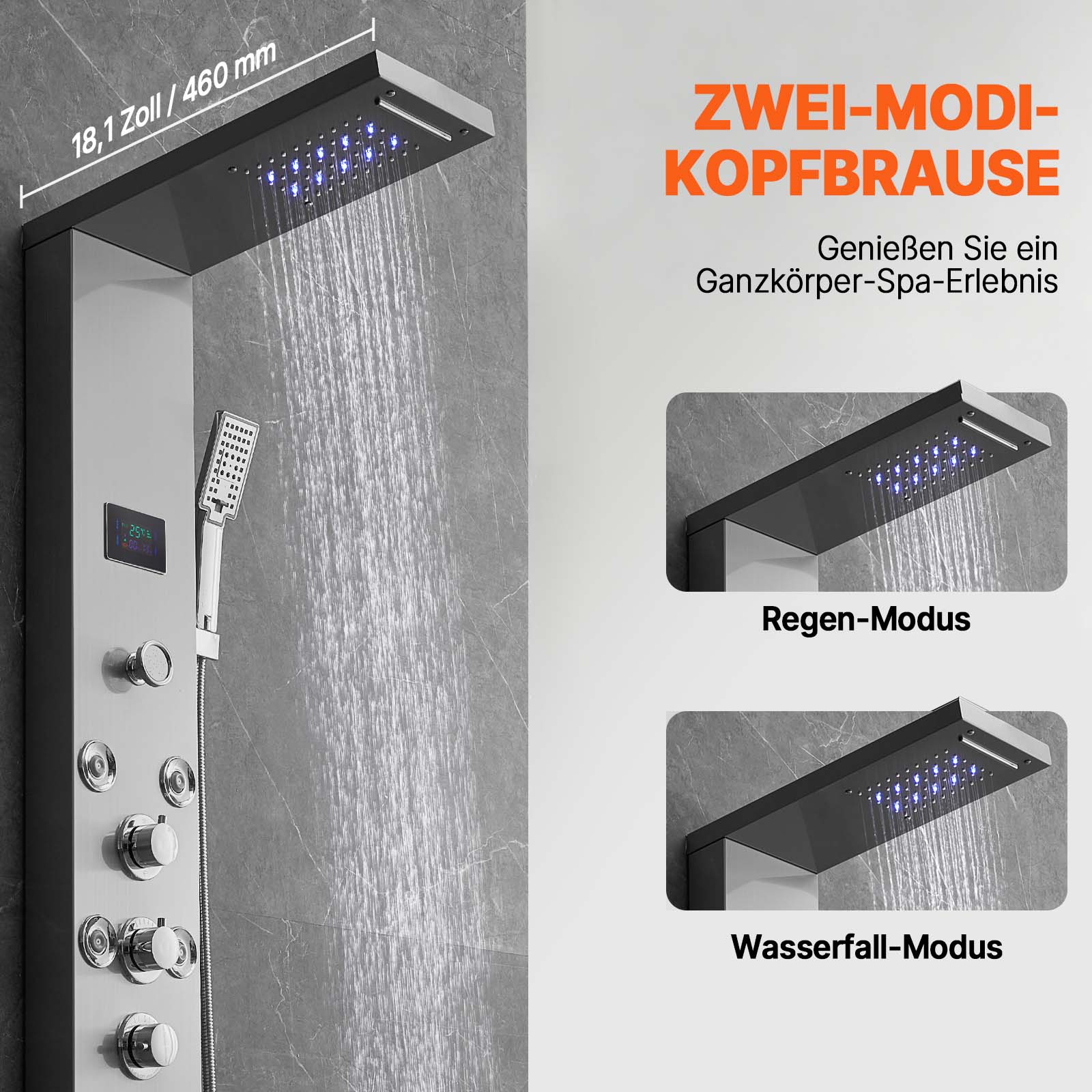 VEVOR Duschpaneelsystem, 6 Duschmodi, LED- und Bildschirm-Wasserkraft-Duschpaneelturm, Regenfall, Wasserfall, 8 Massagedüsen, Wannenauslauf, Handbrause, Wandduschset aus Edelstahl