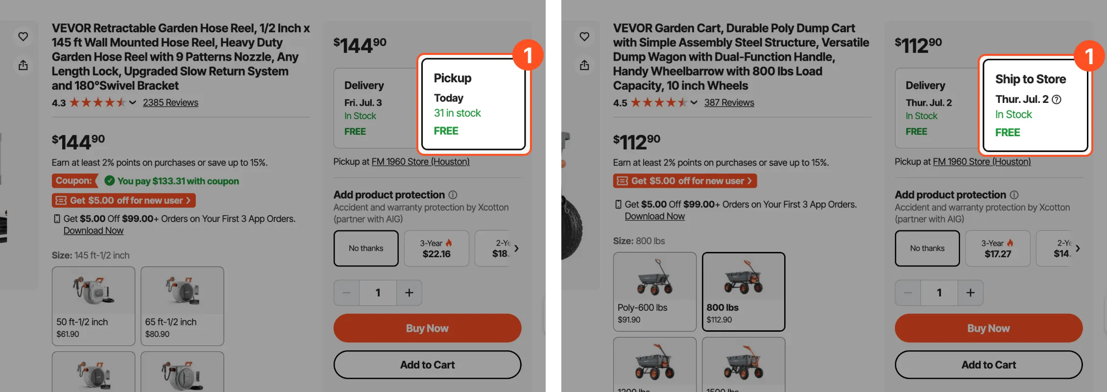 Choose pickup or ship to store