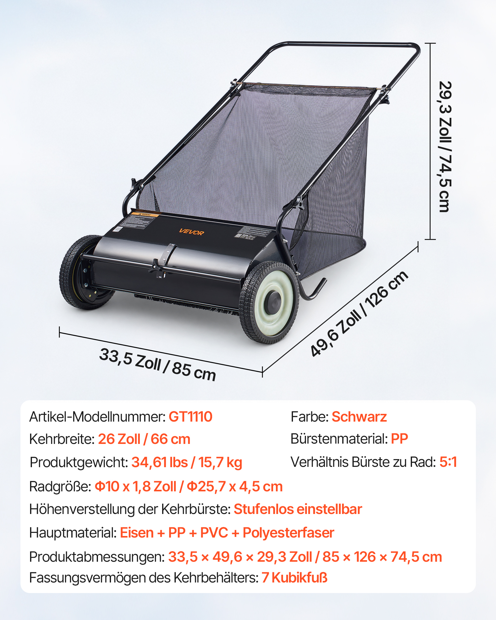 VEVOR Hand-Rasenmäher 66cm Kehrbreite Rasenmäher Manuell 198L Fassungsvermögen des Fangkorbs Spindelmäher 142x81x75cm Handspindelmäher verstellbar zum Aufkehren von Laub Grasschnitt kleinen Zweigen