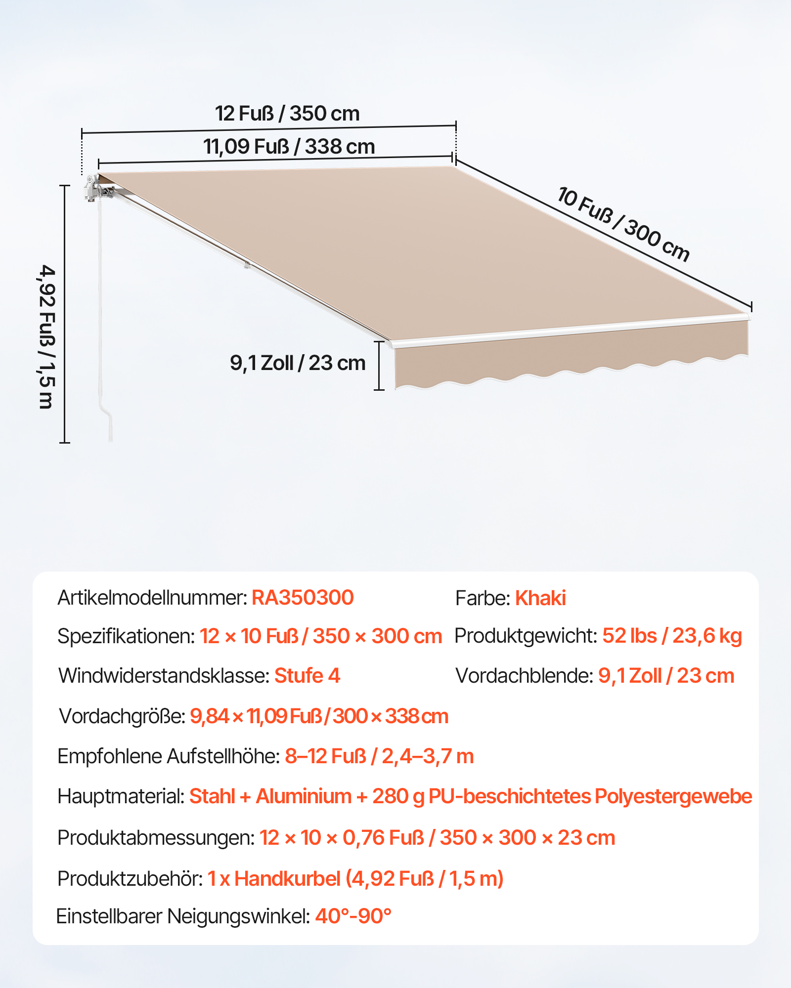 VEVOR Balkonmarkise 3,6x3m Gelenkarm Markise höhenverstellbar von 2,4 bis 3,7m Klemmmarkise Einziehbar Stahl Aluminium 280G doppelseitige PU-Beschichtung Sonnenmarkise Balkon Terrassenmarkise