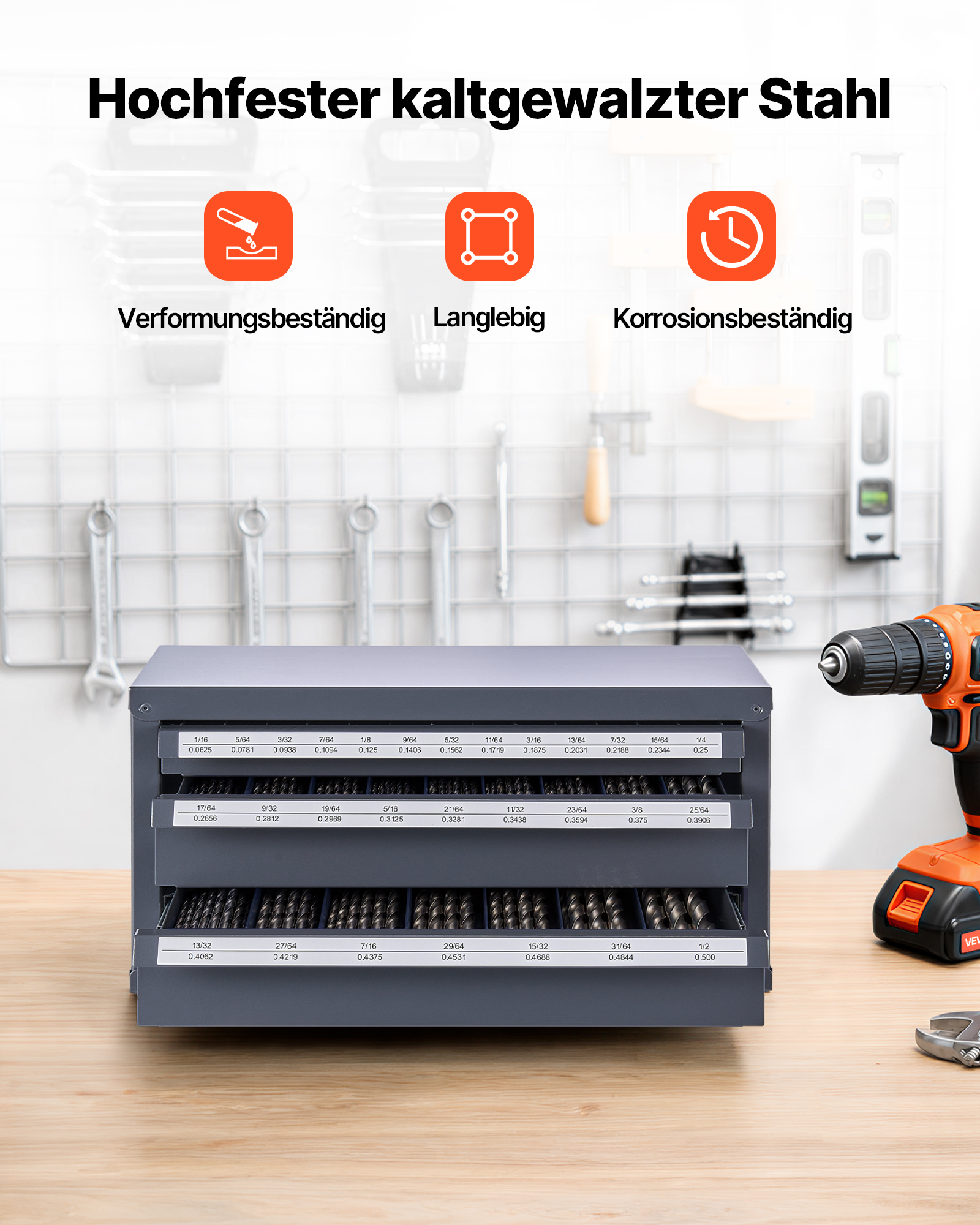 VEVOR Bohrer-Spender-Schrank, Bohrer-Organizer-Schrank mit drei Schubladen, Stahl-Bohrer-Spender-Organizer-Schrank mit Etiketten, Stapelbarer Bohrer-Spender für Aufbewahrung