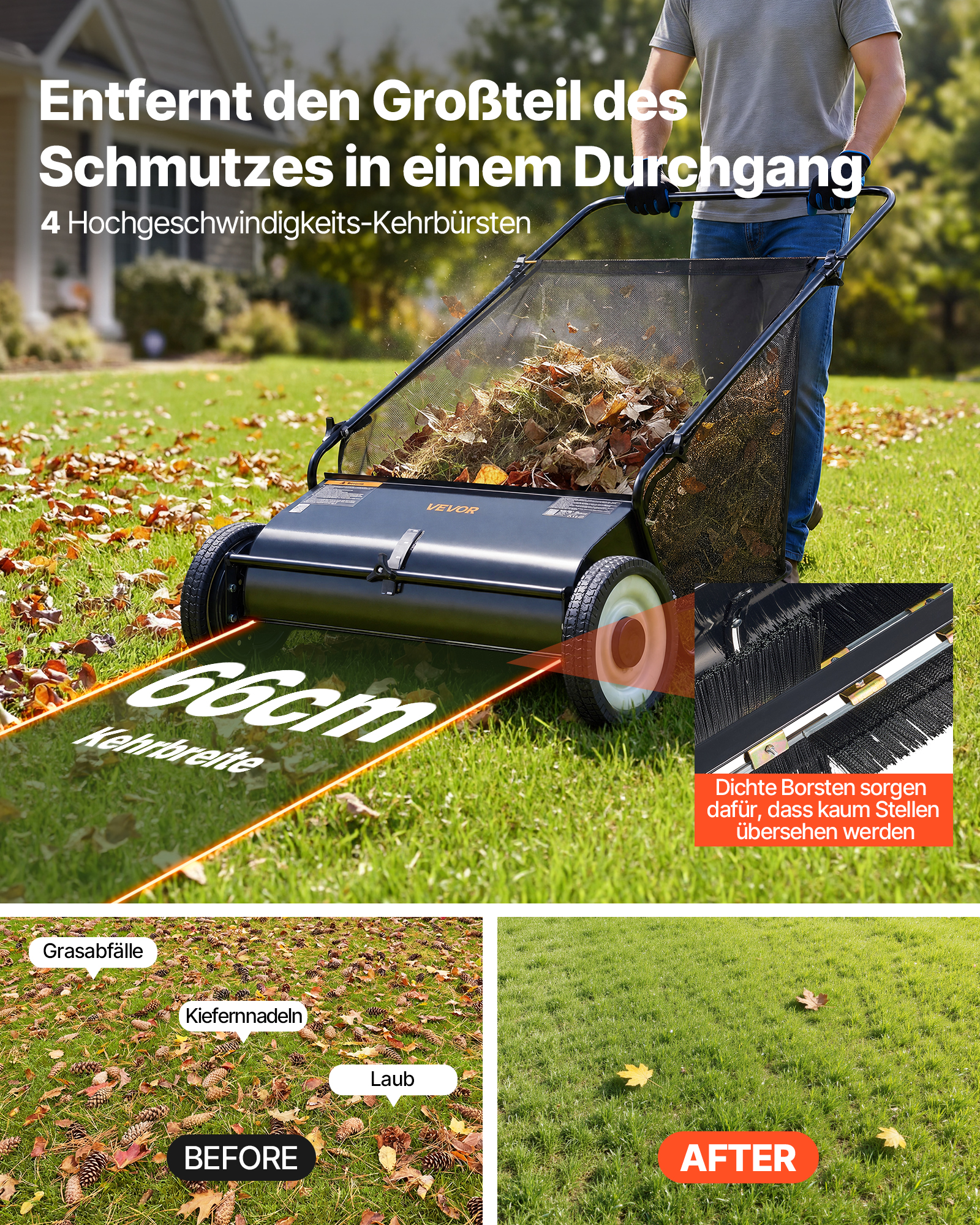 VEVOR Hand-Rasenmäher 66cm Kehrbreite Rasenmäher Manuell 198L Fassungsvermögen des Fangkorbs Spindelmäher 142x81x75cm Handspindelmäher verstellbar zum Aufkehren von Laub Grasschnitt kleinen Zweigen