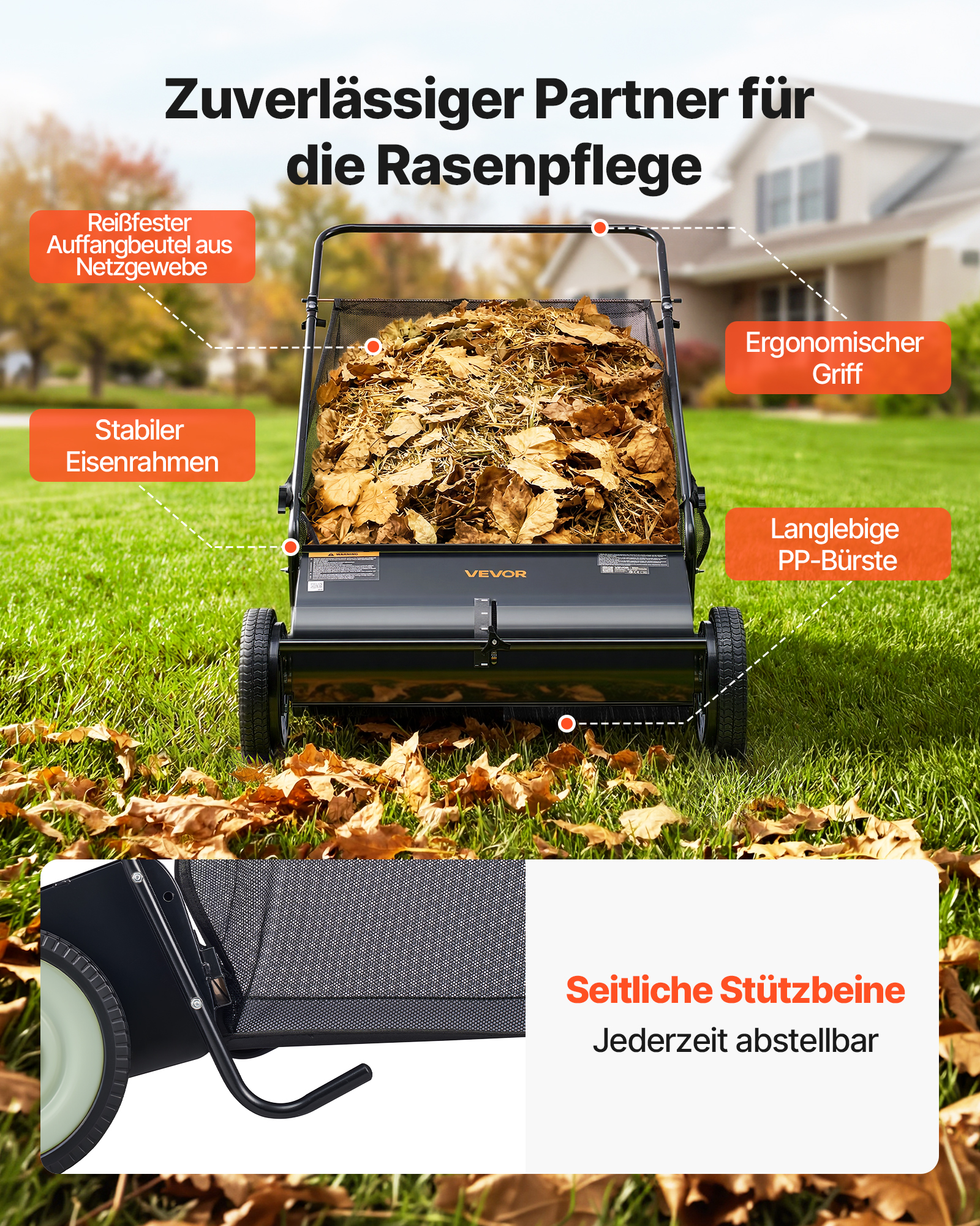 VEVOR Hand-Rasenmäher 66cm Kehrbreite Rasenmäher Manuell 198L Fassungsvermögen des Fangkorbs Spindelmäher 142x81x75cm Handspindelmäher verstellbar zum Aufkehren von Laub Grasschnitt kleinen Zweigen
