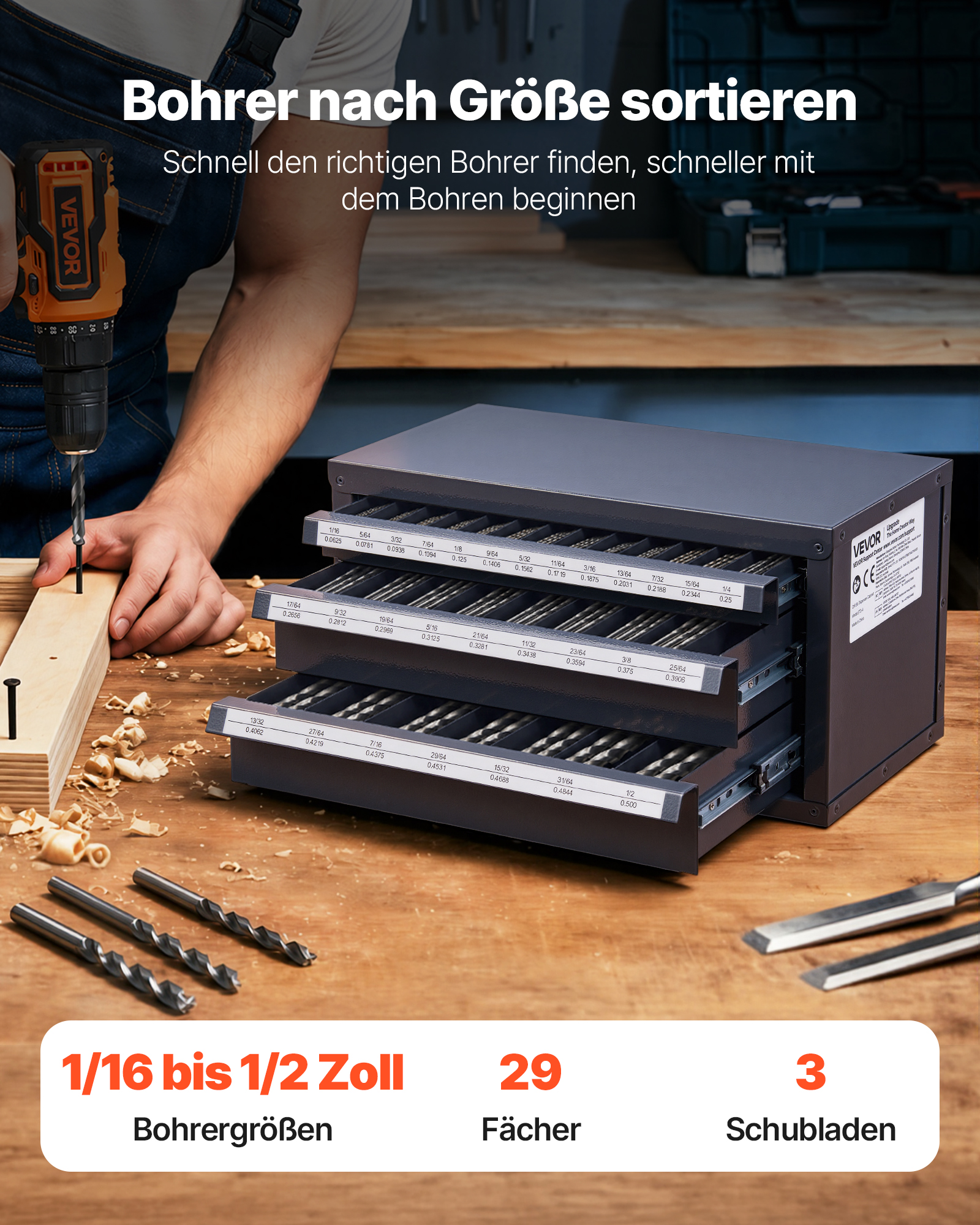 VEVOR Bohrer-Spender-Schrank, Bohrer-Organizer-Schrank mit drei Schubladen, Stahl-Bohrer-Spender-Organizer-Schrank mit Etiketten, Stapelbarer Bohrer-Spender für Aufbewahrung