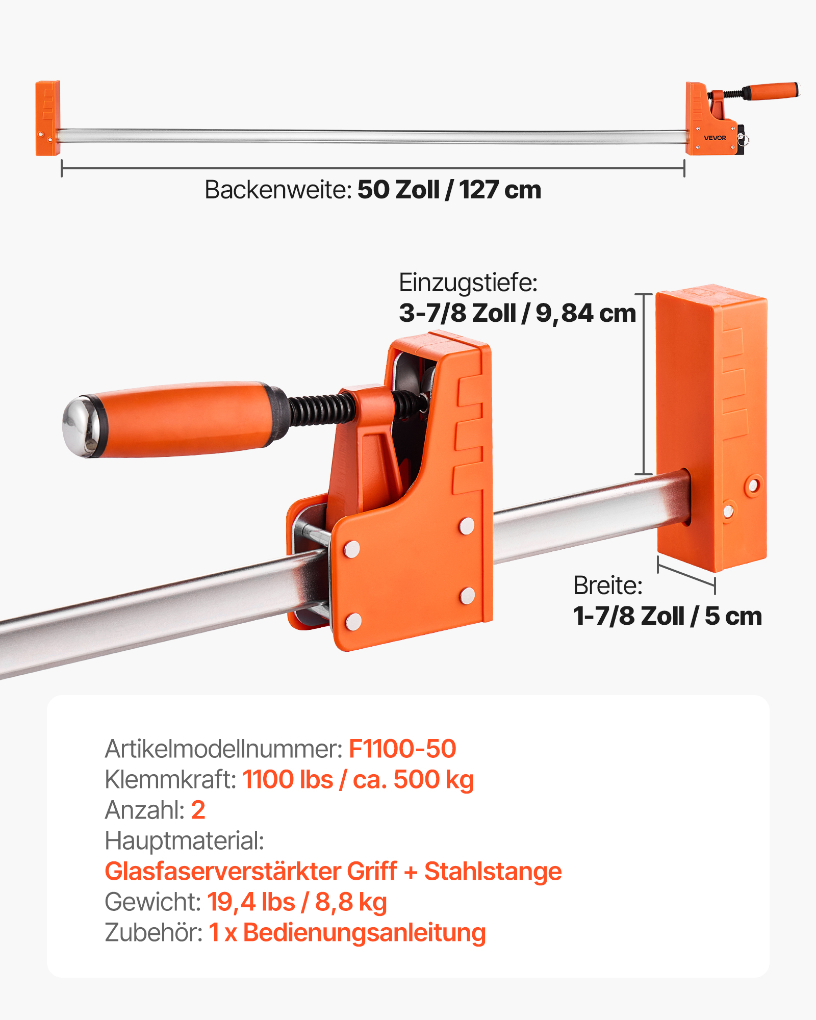 VEVOR Stangenklemmen für die Holzbearbeitung, 2er-Pack, 127cm Parallelklemmen-Set, 499 kg Last