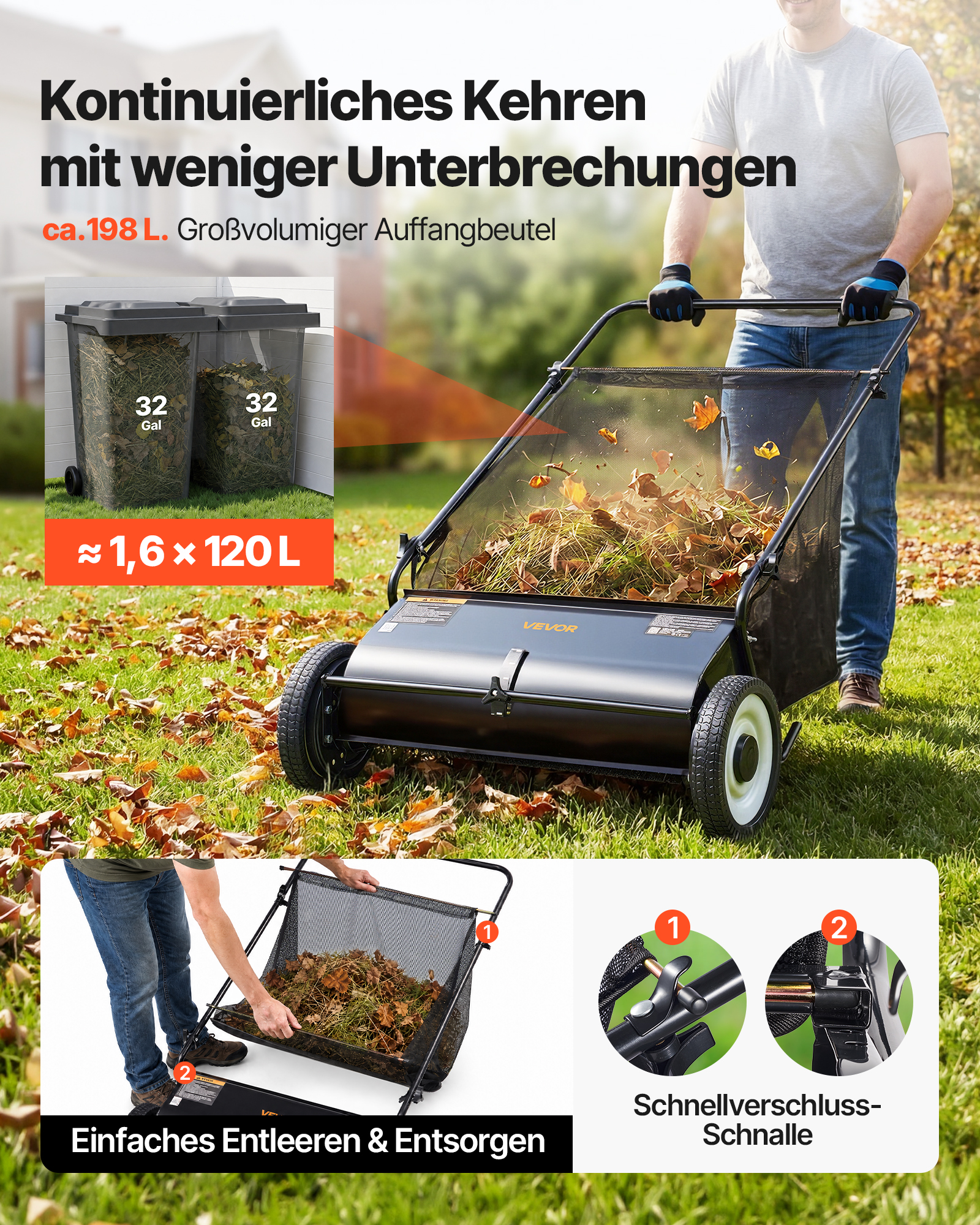 VEVOR Hand-Rasenmäher 66cm Kehrbreite Rasenmäher Manuell 198L Fassungsvermögen des Fangkorbs Spindelmäher 142x81x75cm Handspindelmäher verstellbar zum Aufkehren von Laub Grasschnitt kleinen Zweigen