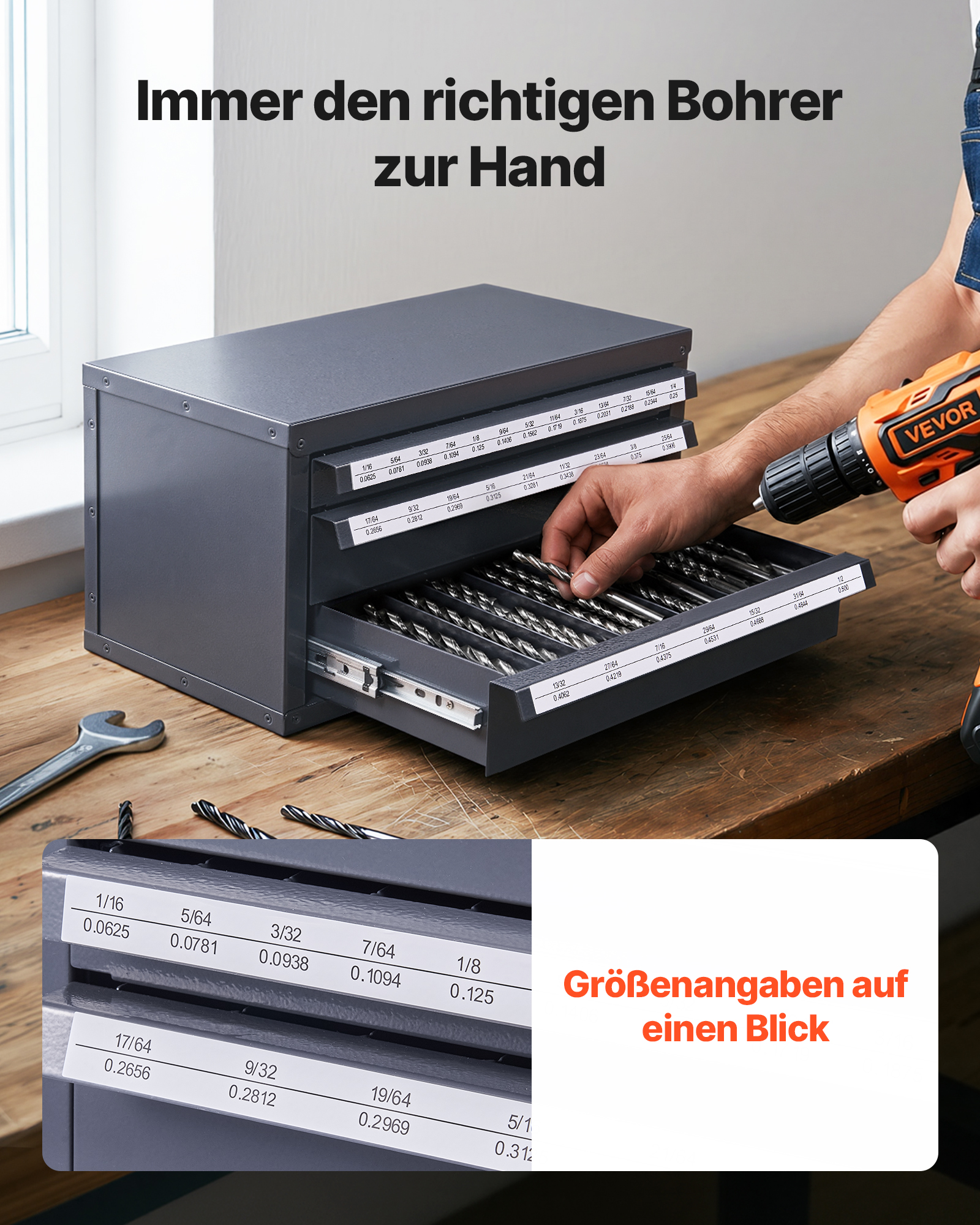VEVOR Bohrer-Spender-Schrank, Bohrer-Organizer-Schrank mit drei Schubladen, Stahl-Bohrer-Spender-Organizer-Schrank mit Etiketten, Stapelbarer Bohrer-Spender für Aufbewahrung