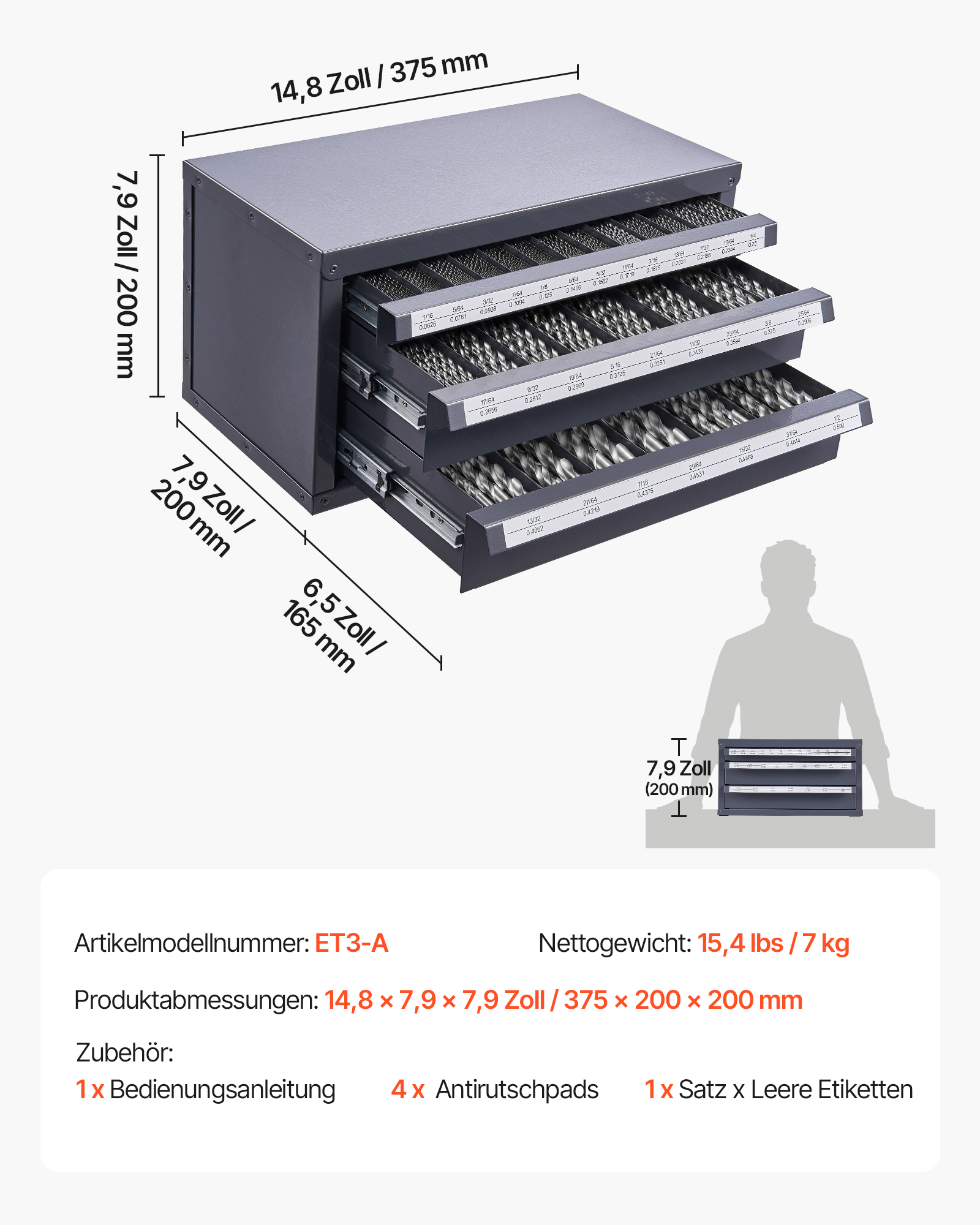 VEVOR Bohrer-Spender-Schrank, Bohrer-Organizer-Schrank mit drei Schubladen, Stahl-Bohrer-Spender-Organizer-Schrank mit Etiketten, Stapelbarer Bohrer-Spender für Aufbewahrung