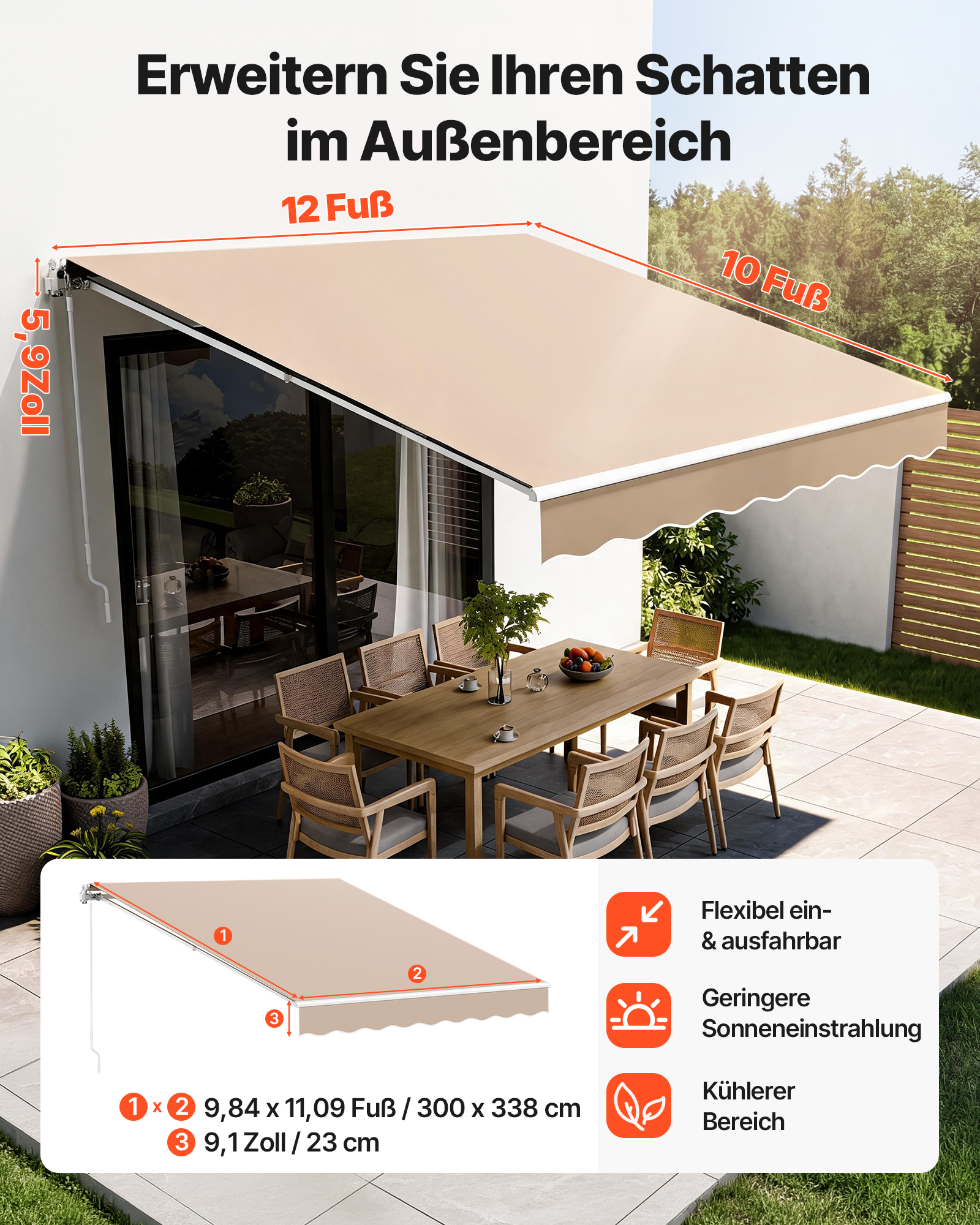 VEVOR Balkonmarkise 3,6x3m Gelenkarm Markise höhenverstellbar von 2,4 bis 3,7m Klemmmarkise Einziehbar Stahl Aluminium 280G doppelseitige PU-Beschichtung Sonnenmarkise Balkon Terrassenmarkise