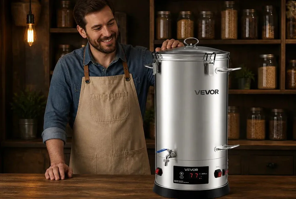 Home brewer with VEVOR 8-gallon stainless beer brewing kettle