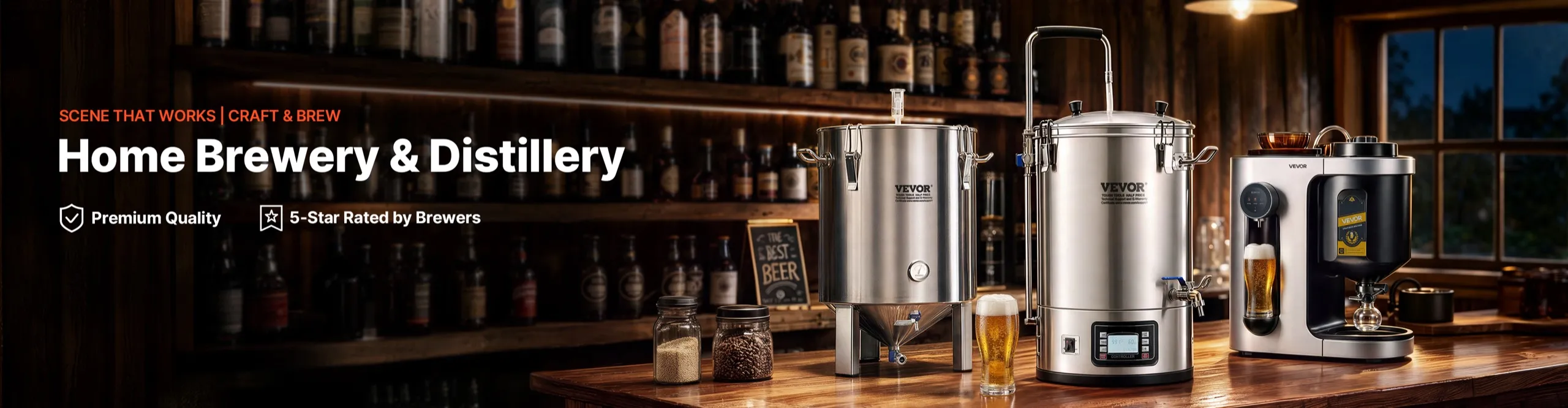 VEVOR Home Brewery & Distillery — brew kettle, conical fermenter and kegerator on a dark brewery bar